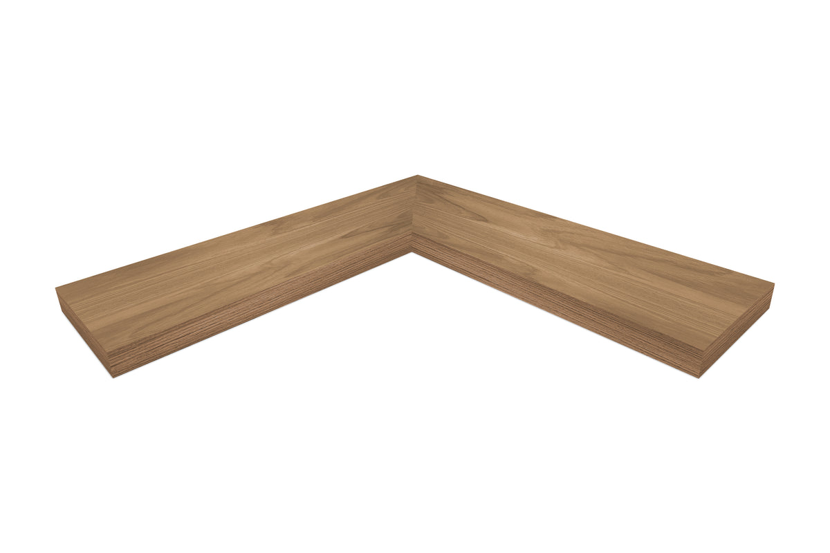 1.75 inch thick Teak mitered inside corner floating shelf front view