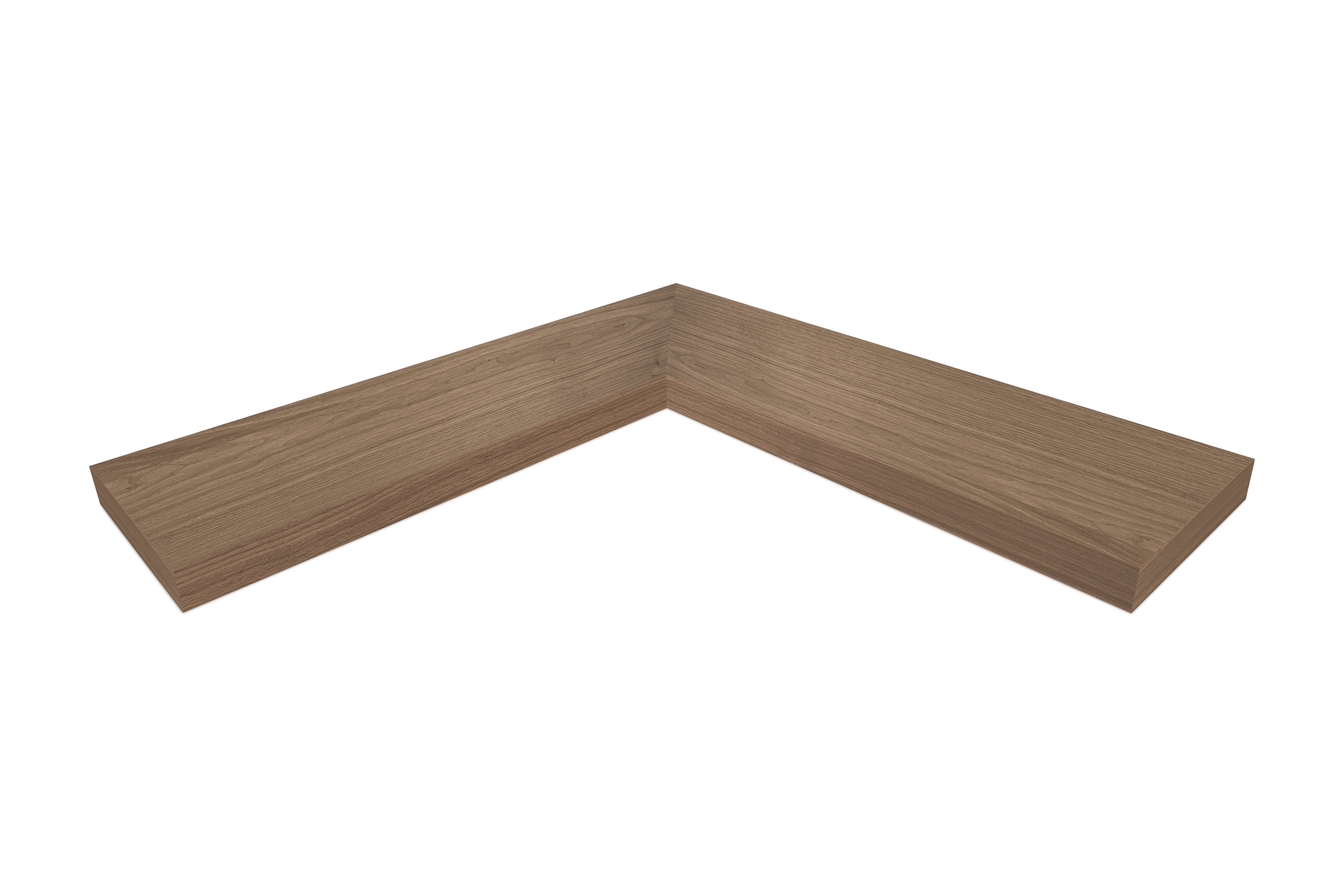 1.75 inch thick walnut mitered inside corner floating shelf front view