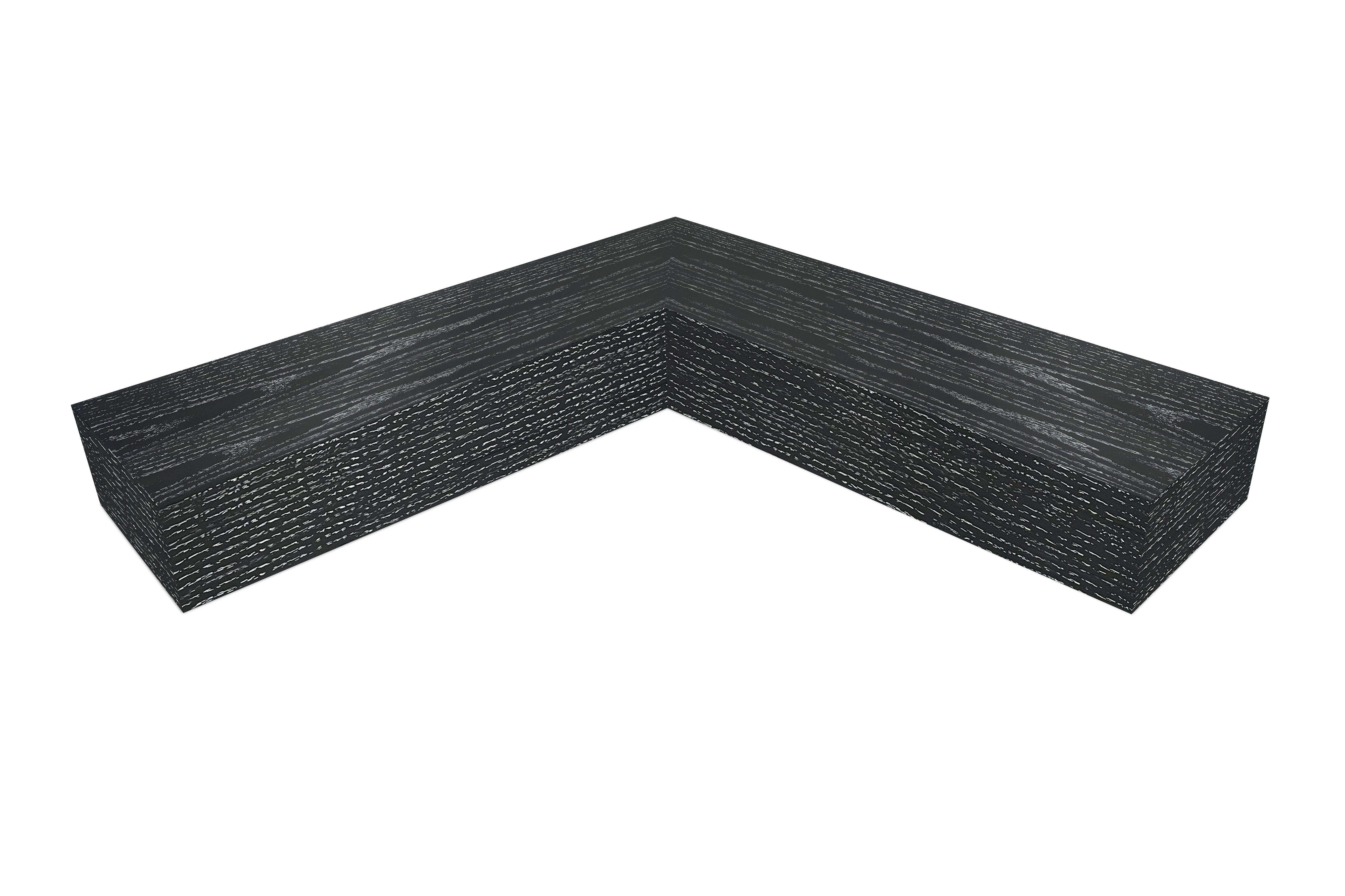 3 inch thick ebonized cerused oak mitered inside corner floating shelf front view