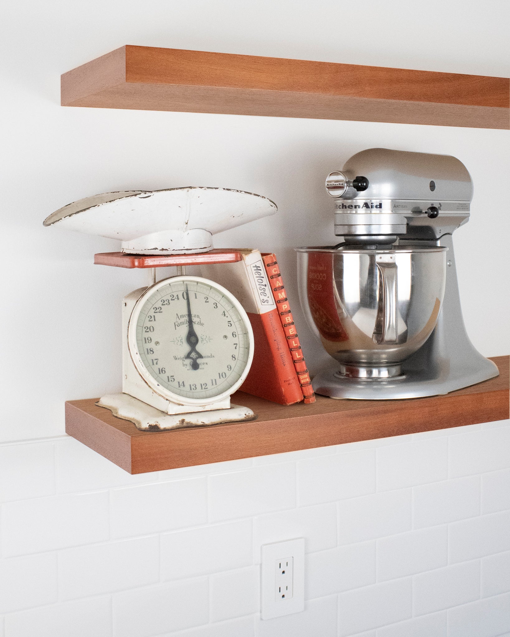 African mahogany Wood kitchen Floating Shelf 1.75 inch thick with Mixer and scale angle view
