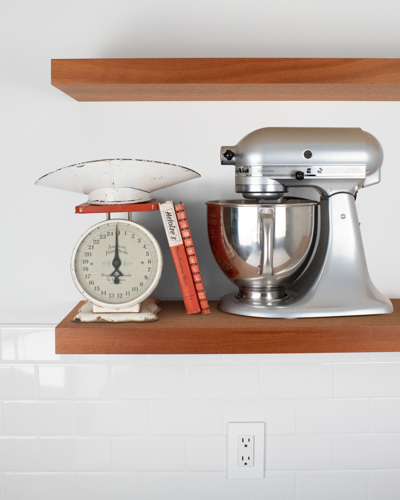 African mahogany Wood kitchen Floating Shelf 1.75 inch thick with Mixer and scale front view