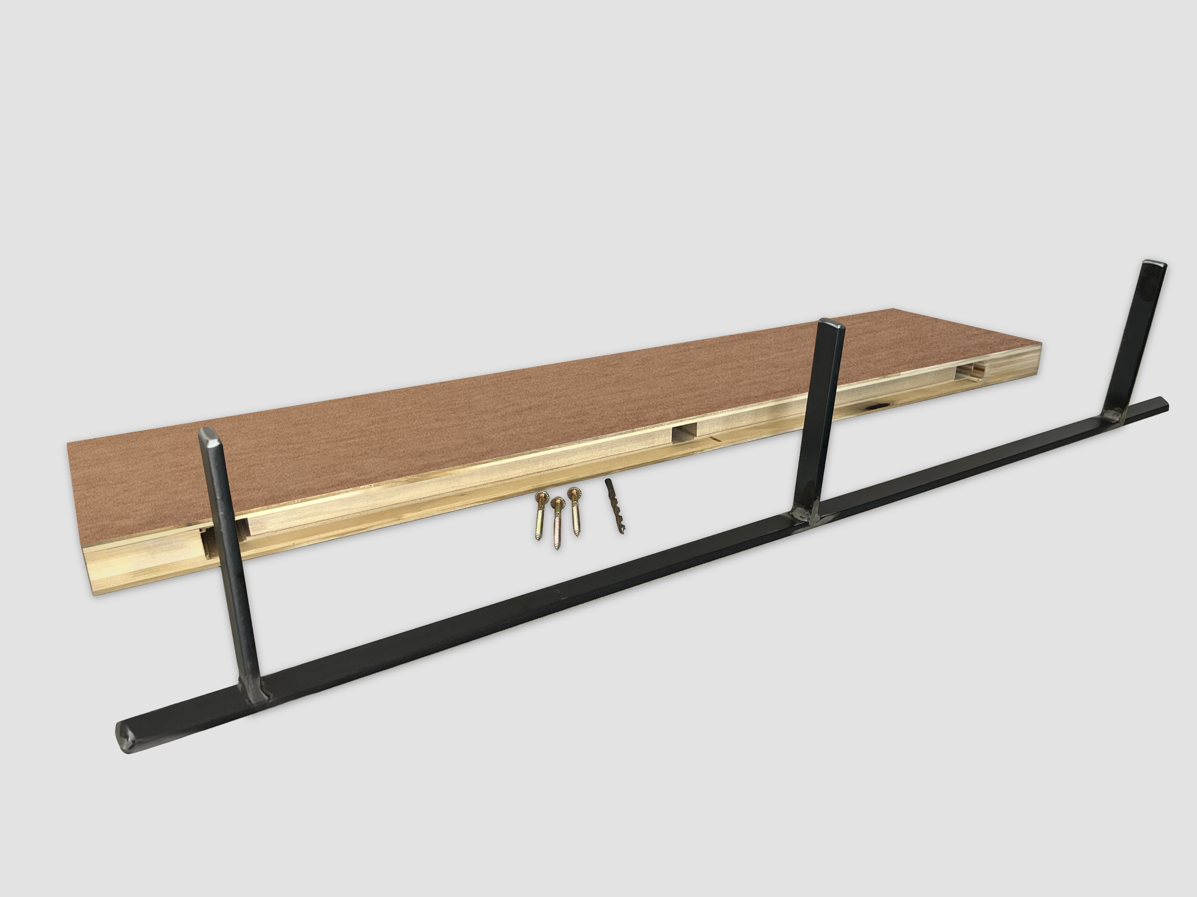 African Mahogany floating shelf back edge with black metal bracket on a white background