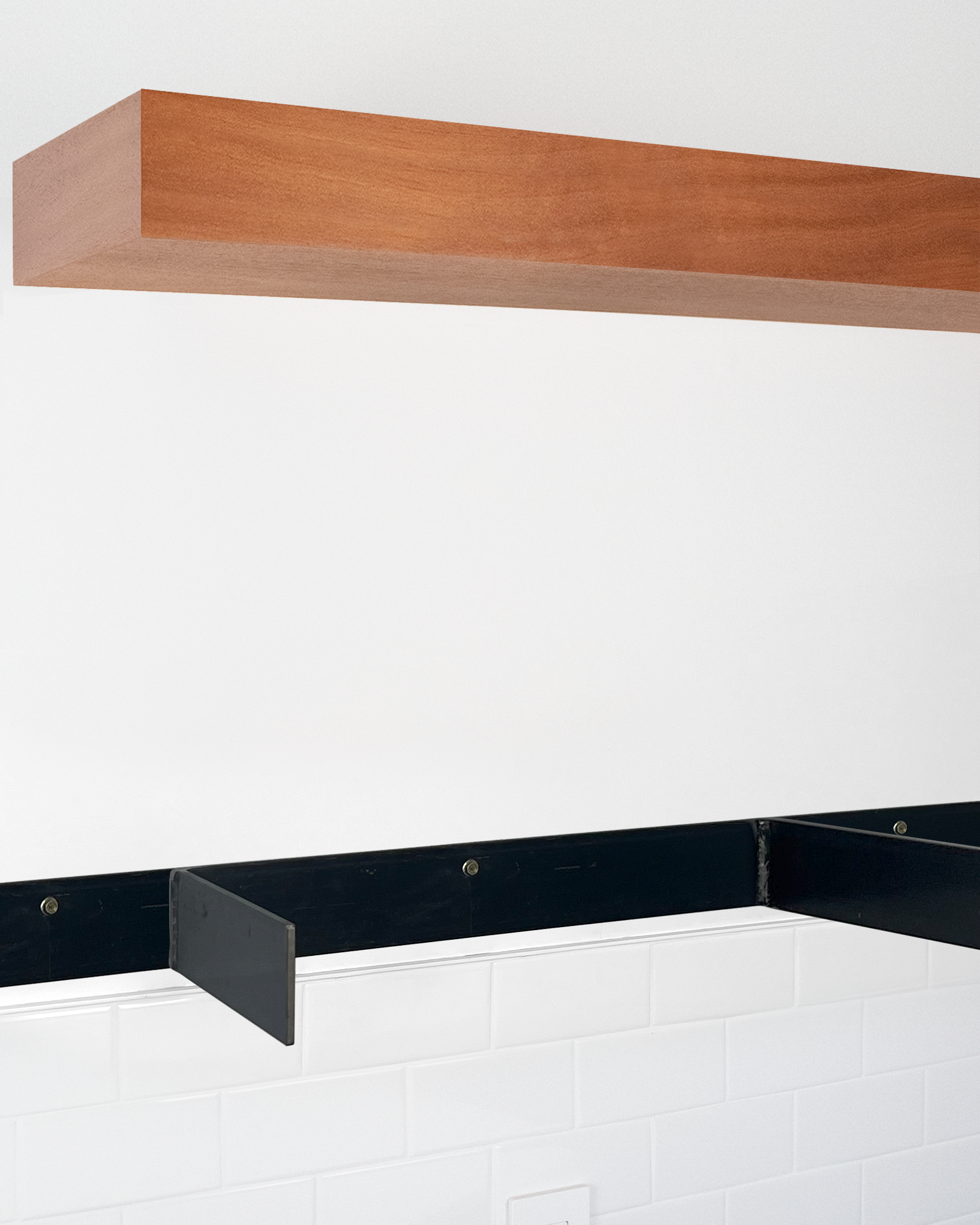African mahogany floating shelf 4 inch thick angle view installed steel HW