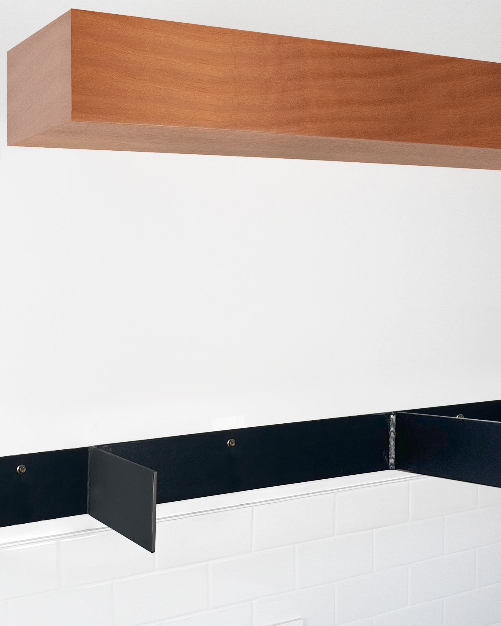 African mahogany floating shelf 6 inch thick angle view installed steel HW