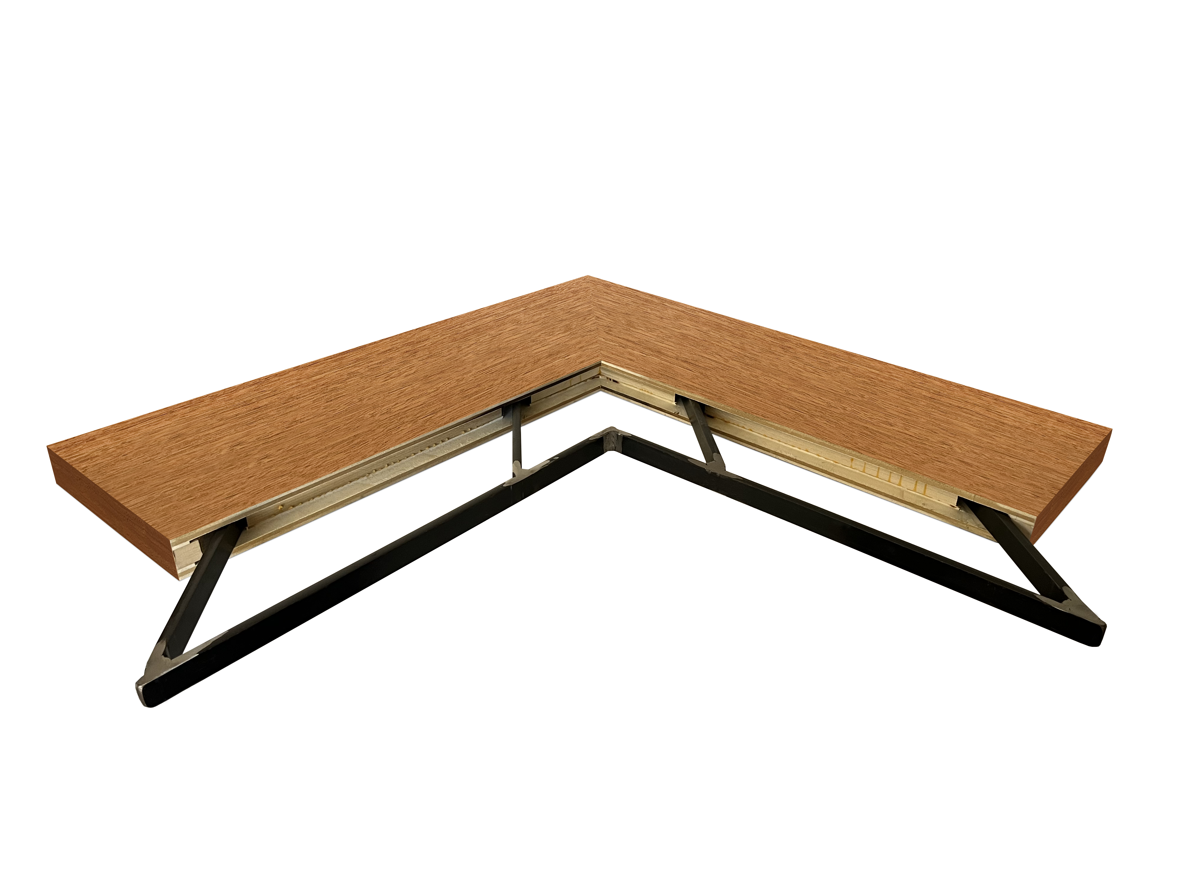 African mahogany outside corner mitered floating shelf view of back edge steel floating shelf bracket pockets