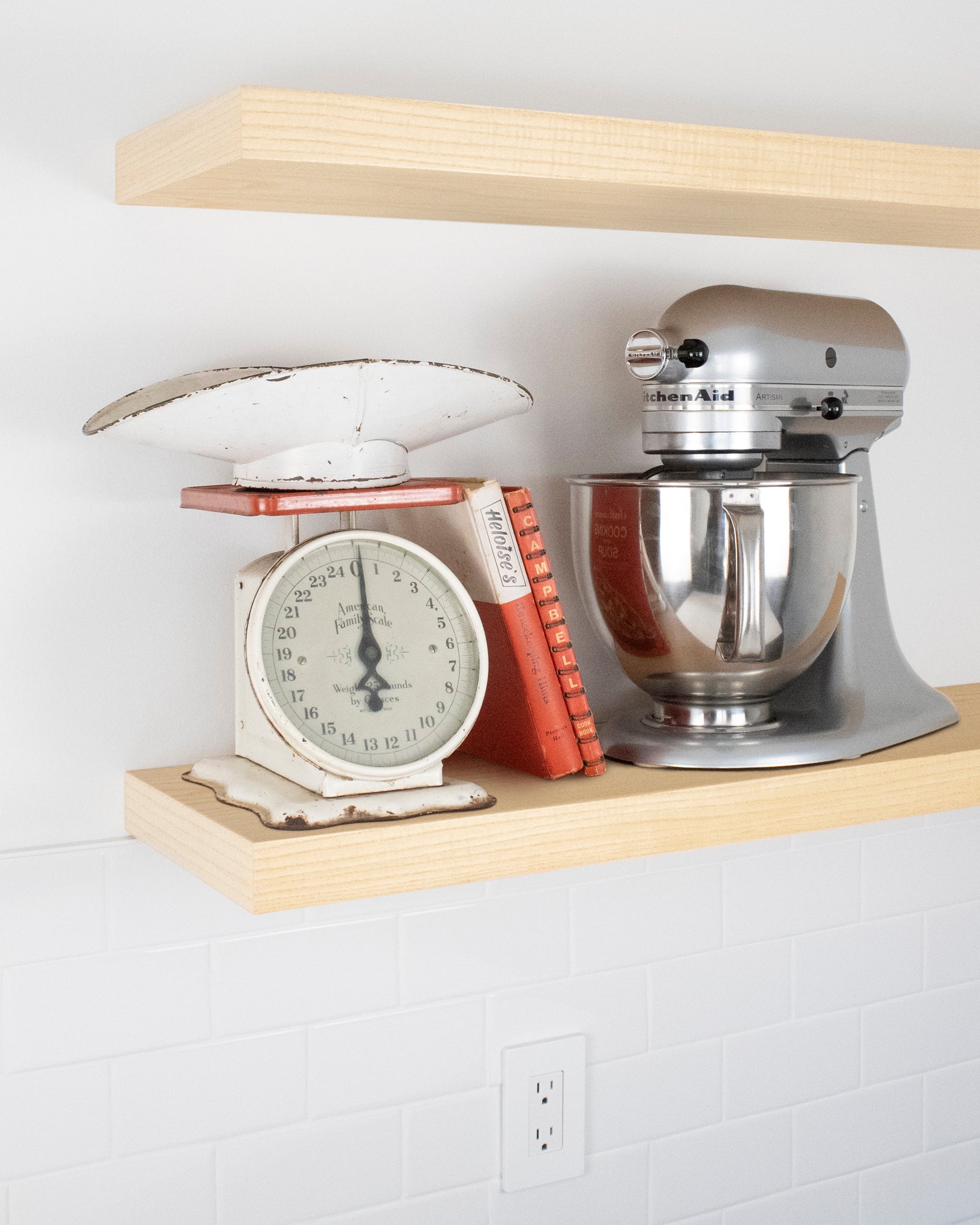 Ash Wood kitchen Floating Shelf 1.75 inch thick with Mixer and scale angle view