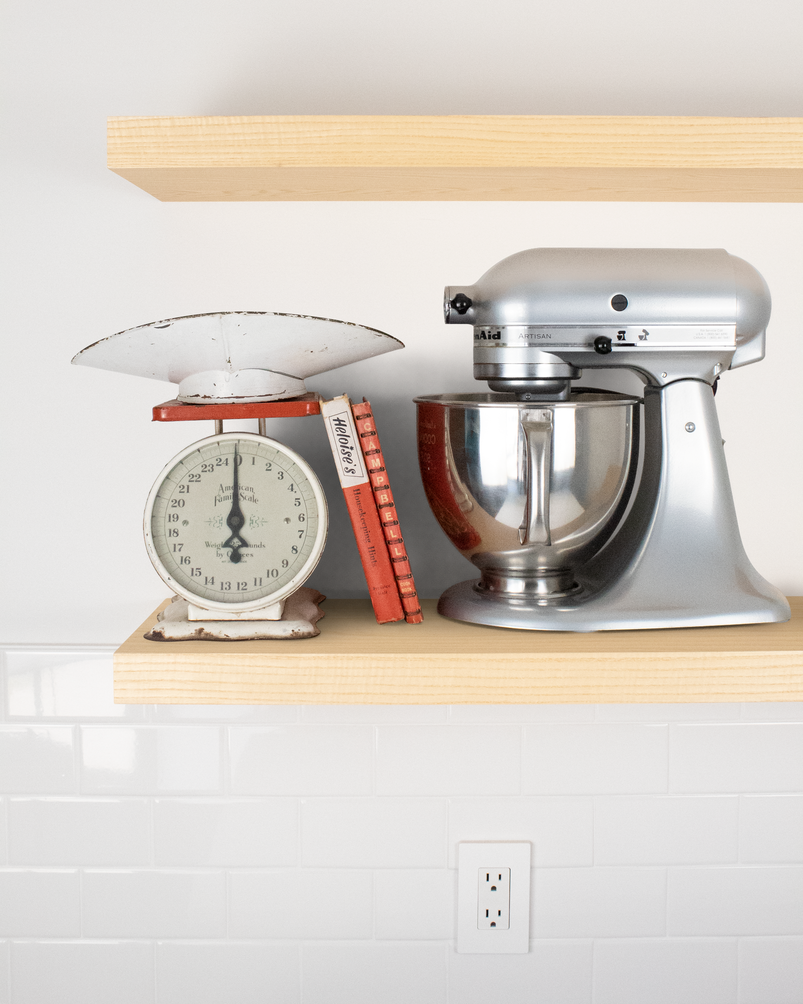 Ash Wood kitchen Floating Shelf 1.75 inch thick with Mixer and scale front view