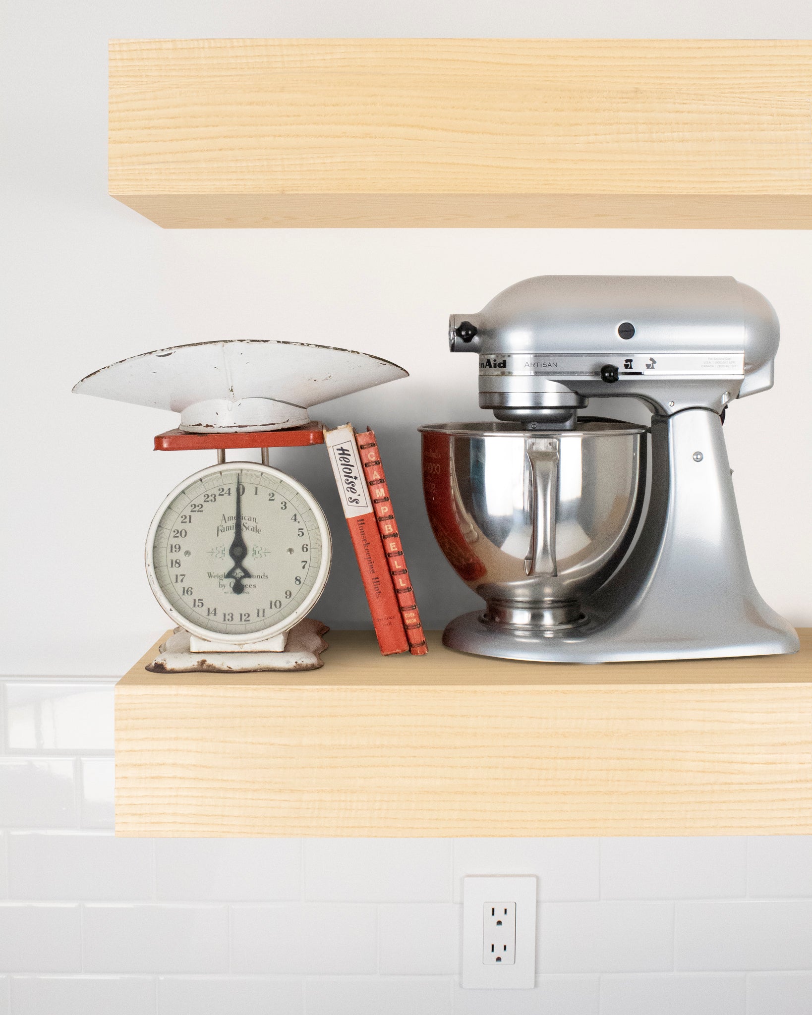 Ash Wood kitchen Floating Shelf 6 inch thick with Mixer and scale front view