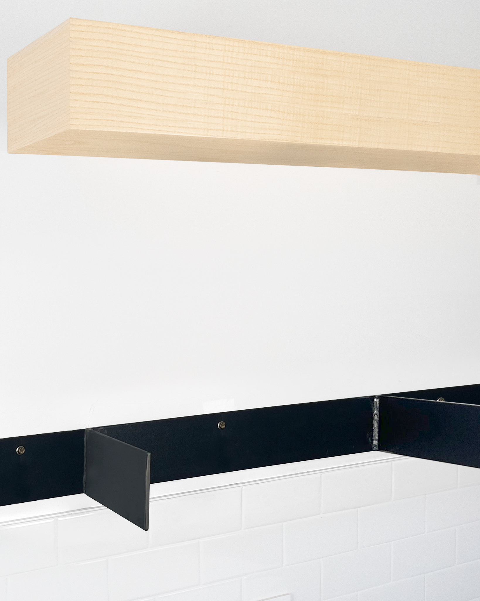 Ash floating shelf 6 inch thick angle view installed steel HW
