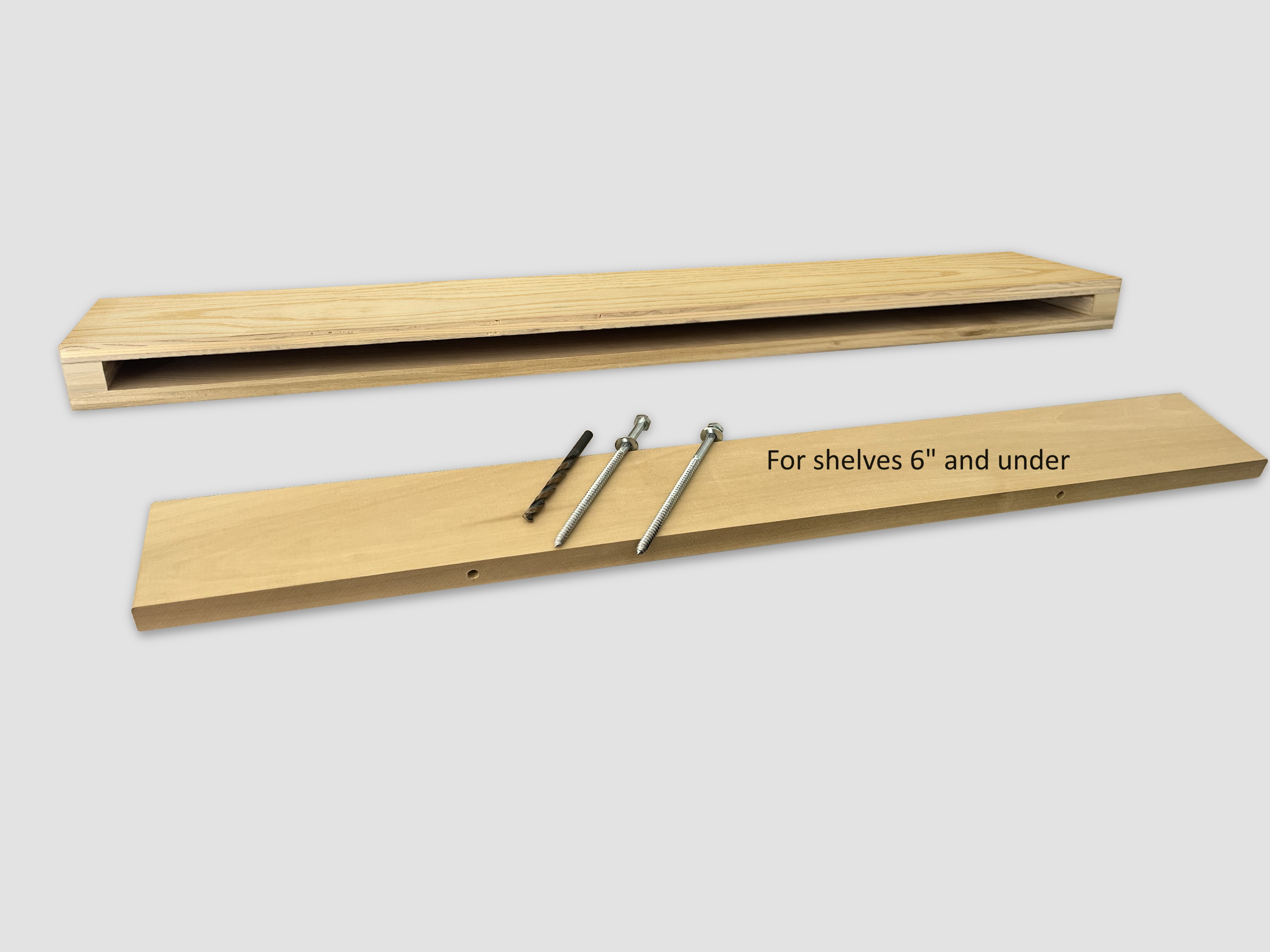 Ash wood narrow floating shelf view of back edge wood insert support
