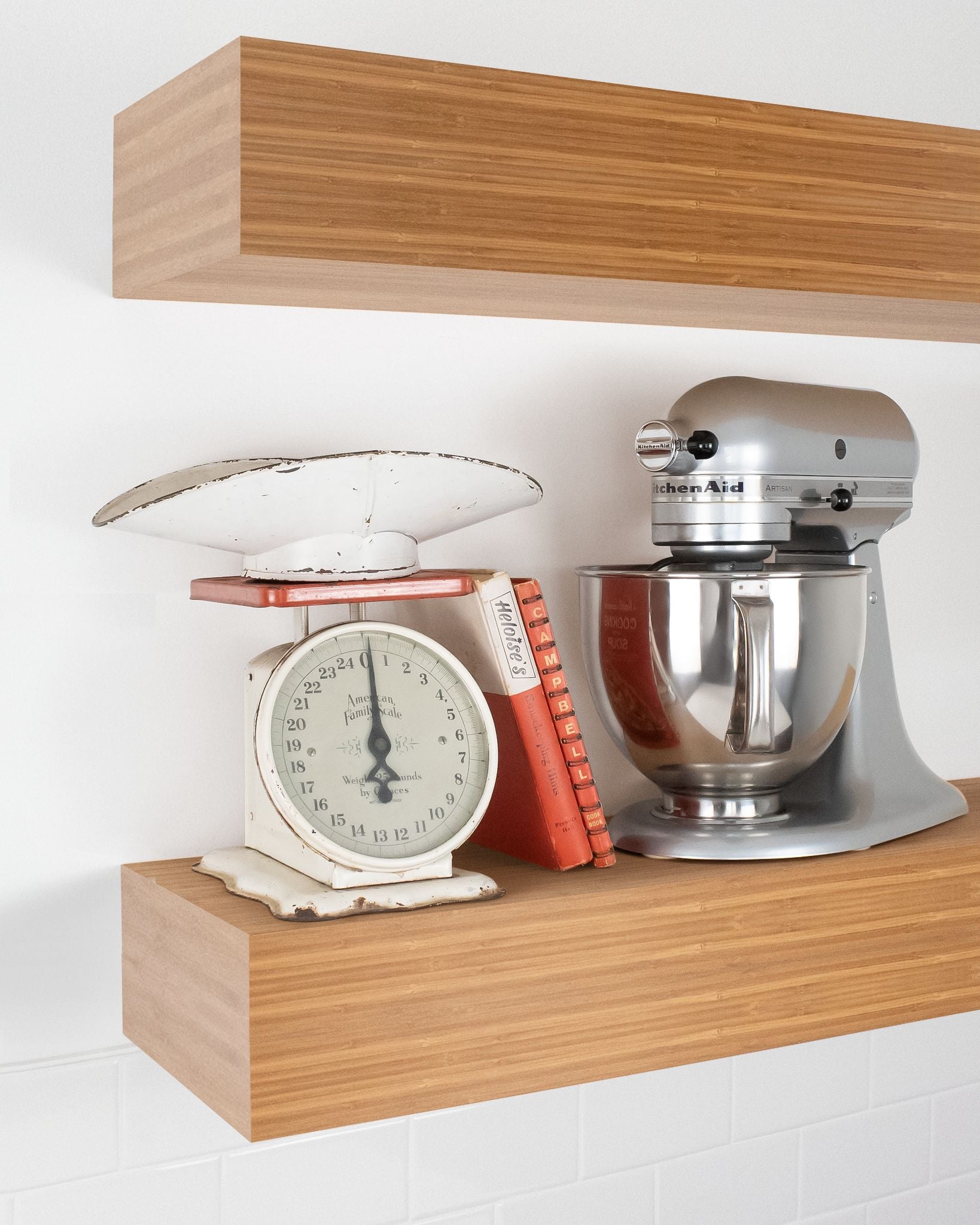 Bamboo Wood kitchen Floating Shelf 6 inch thick with Mixer and scale angle view