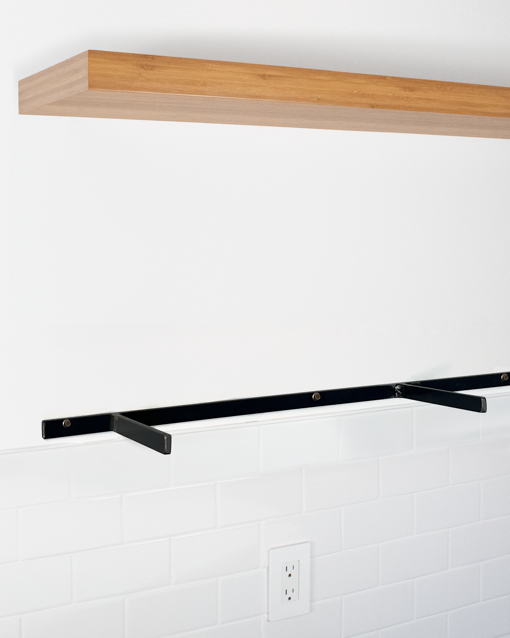 Bamboo floating shelf 1.75 inch thick angle view installed steel HW