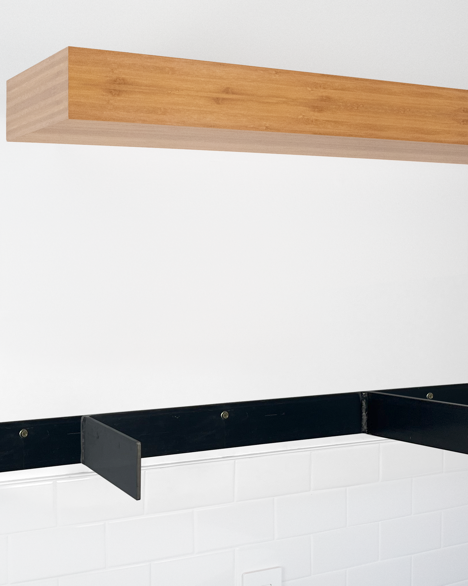 Bamboo floating shelf 4 inch thick angle view installed steel HW