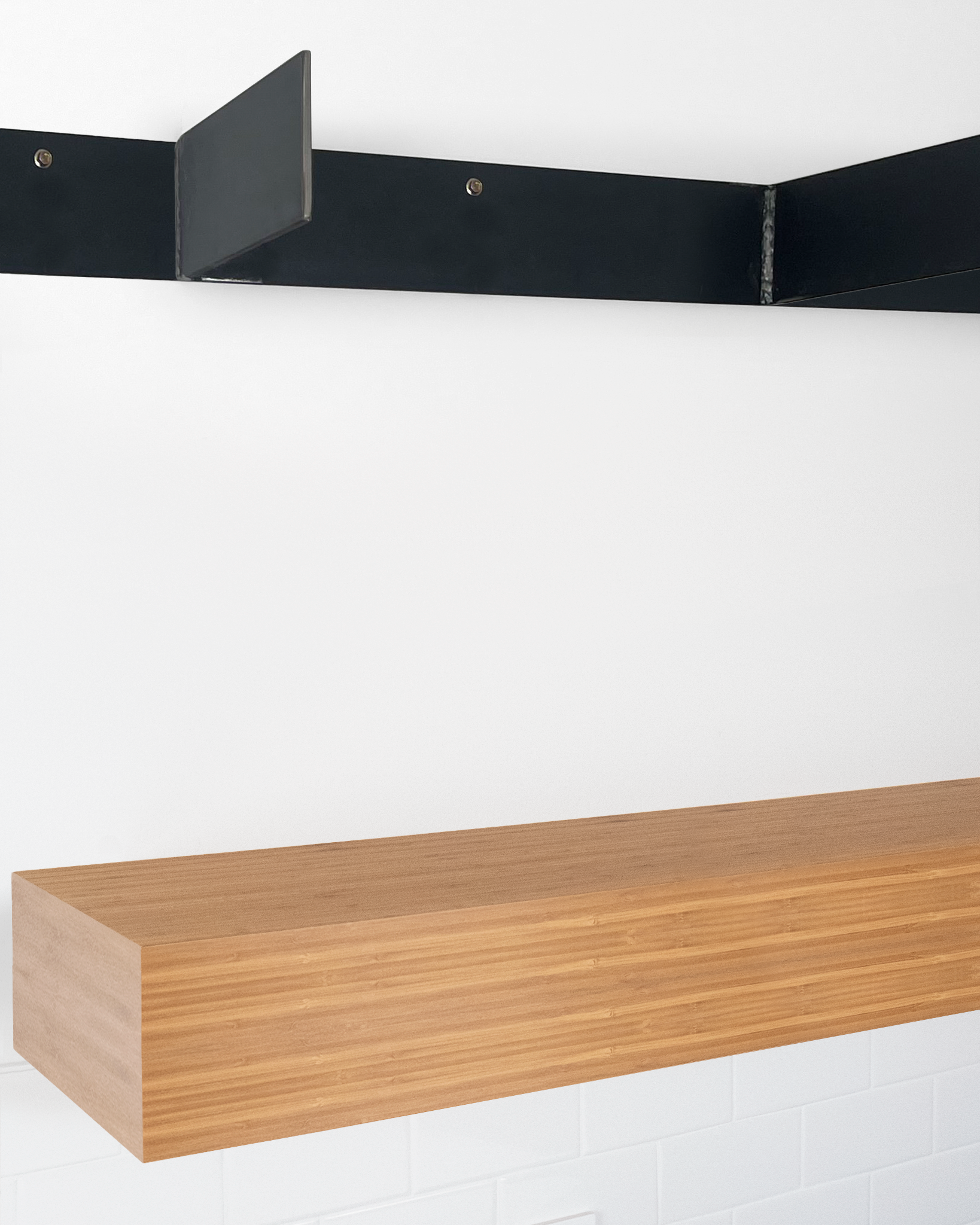 Bamboo floating shelf 6 inch thick angle view installed steel HW top