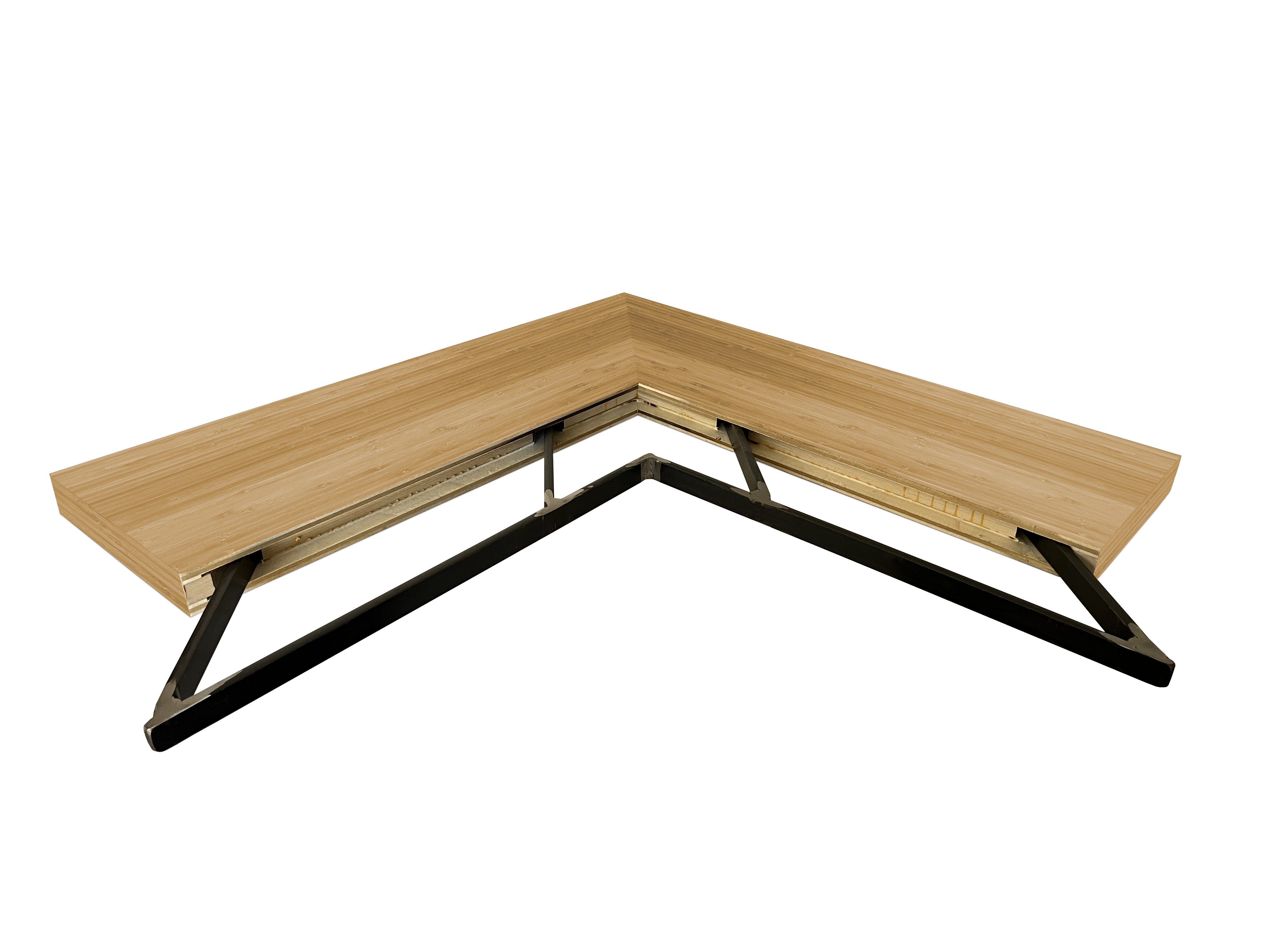 Bamboo outside corner mitered floating shelf view of back edge steel floating shelf bracket pockets