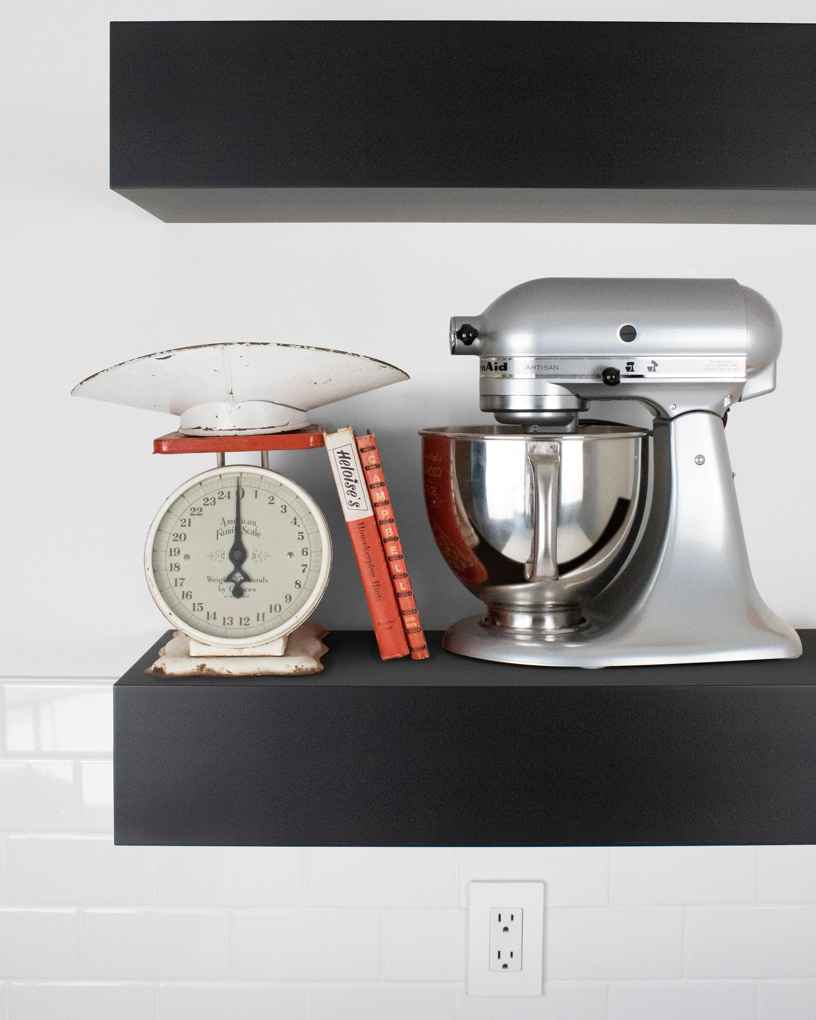 Black ebonized mahogany kitchen Floating Shelf 6 inch thick with Mixer and scale front view