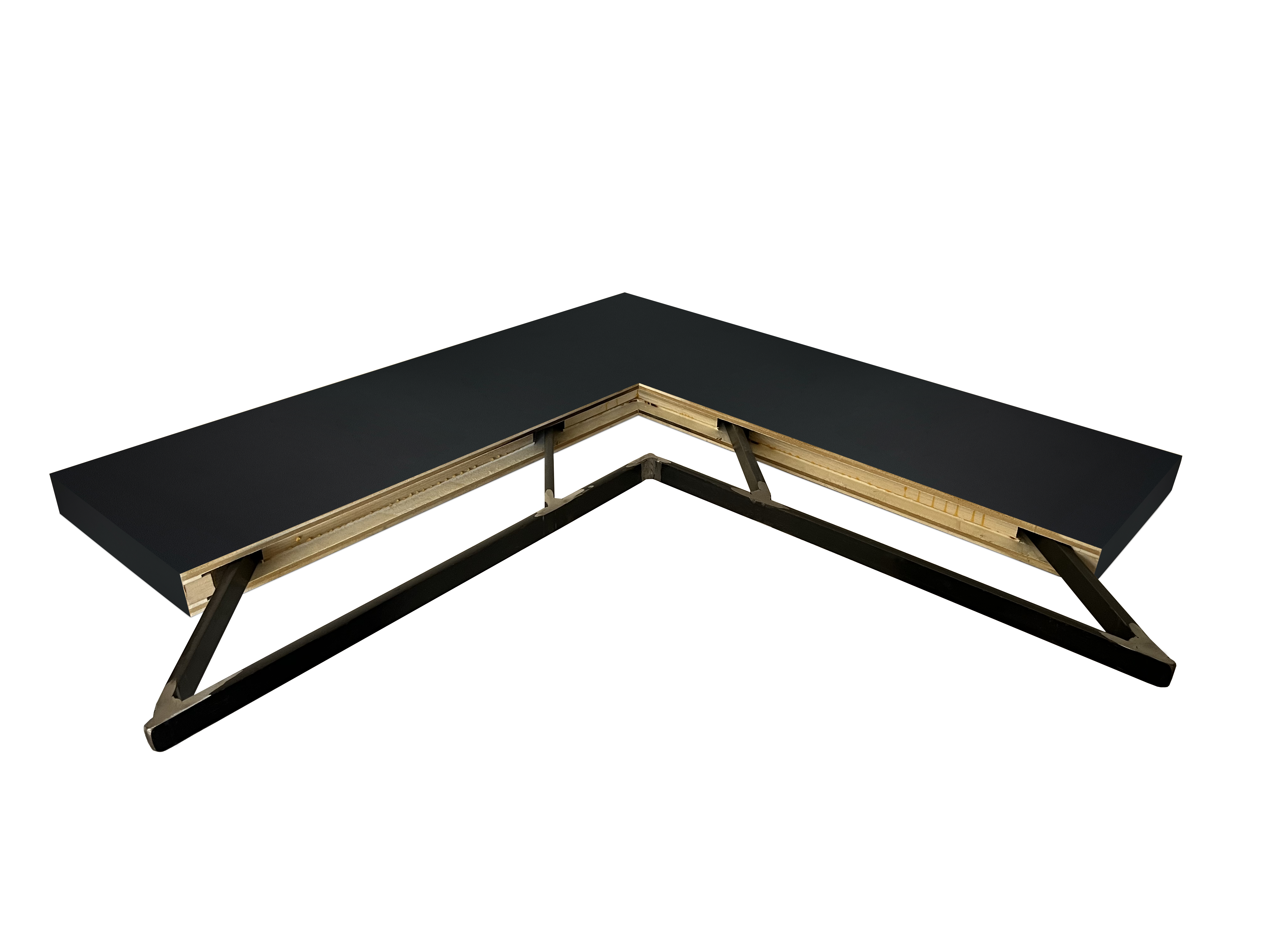 Black ebonized mahogany outside corner mitered floating shelf view of back edge steel floating shelf bracket pockets