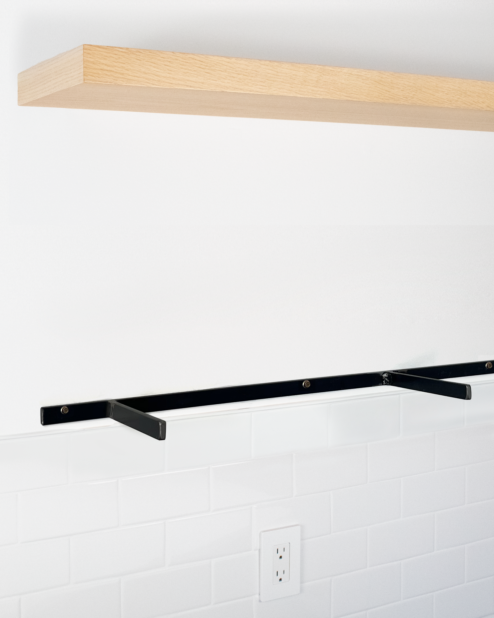 Bleached oak floating shelf 1.75 inch thick angle view installed steel HW