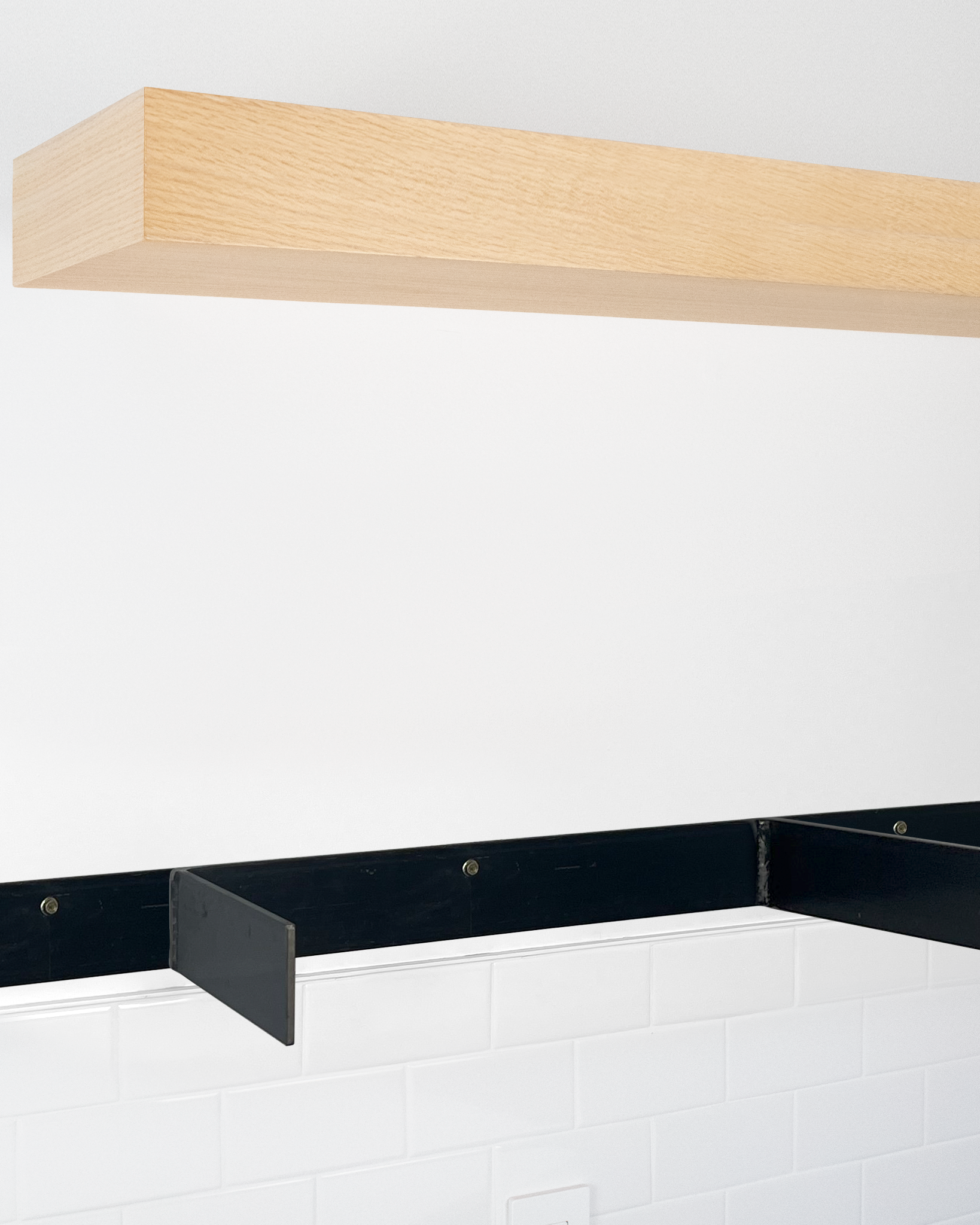 Bleached oak floating shelf 4 inch thick angle view installed steel HW