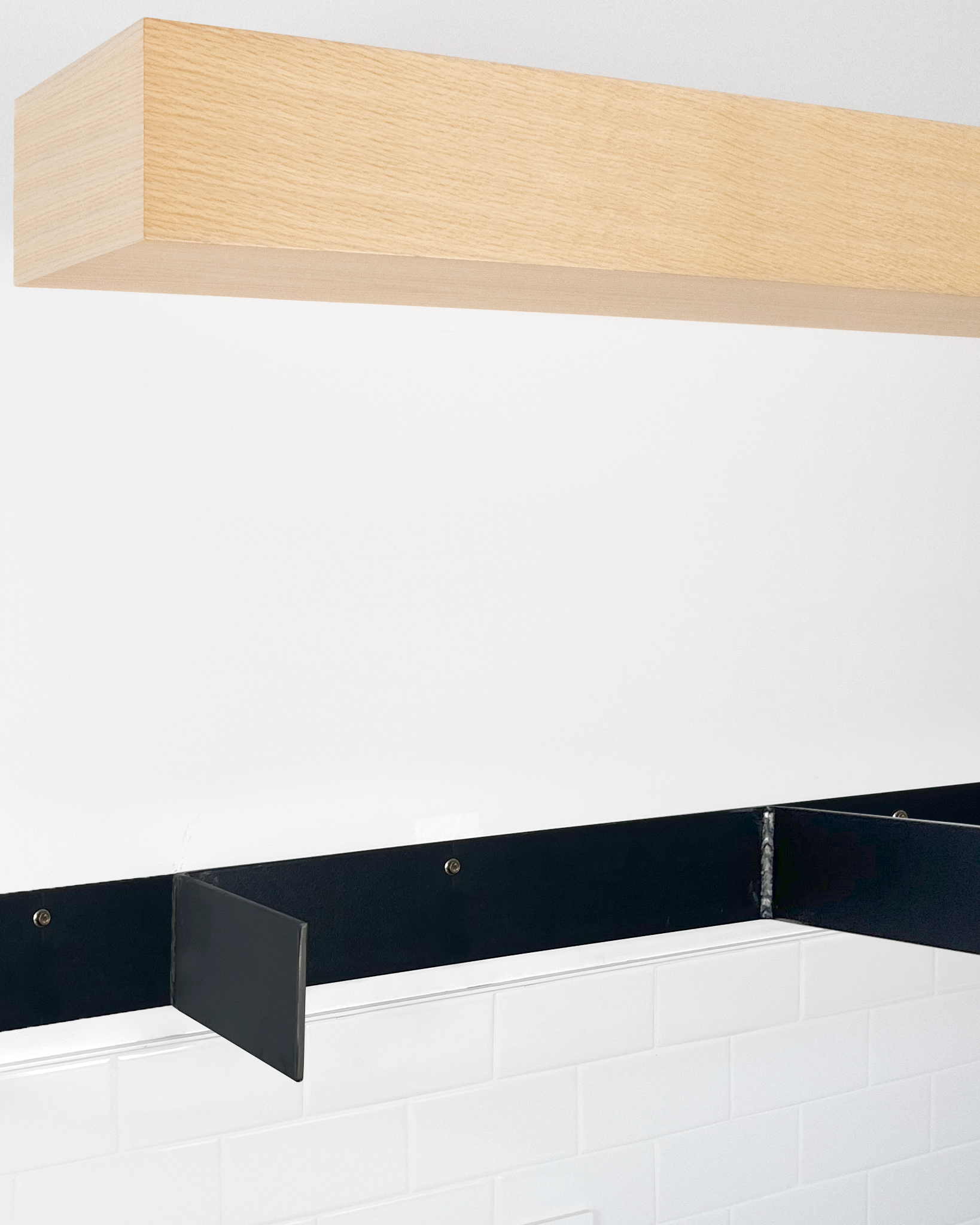 Bleached oak floating shelf 6 inch thick angle view installed steel HW