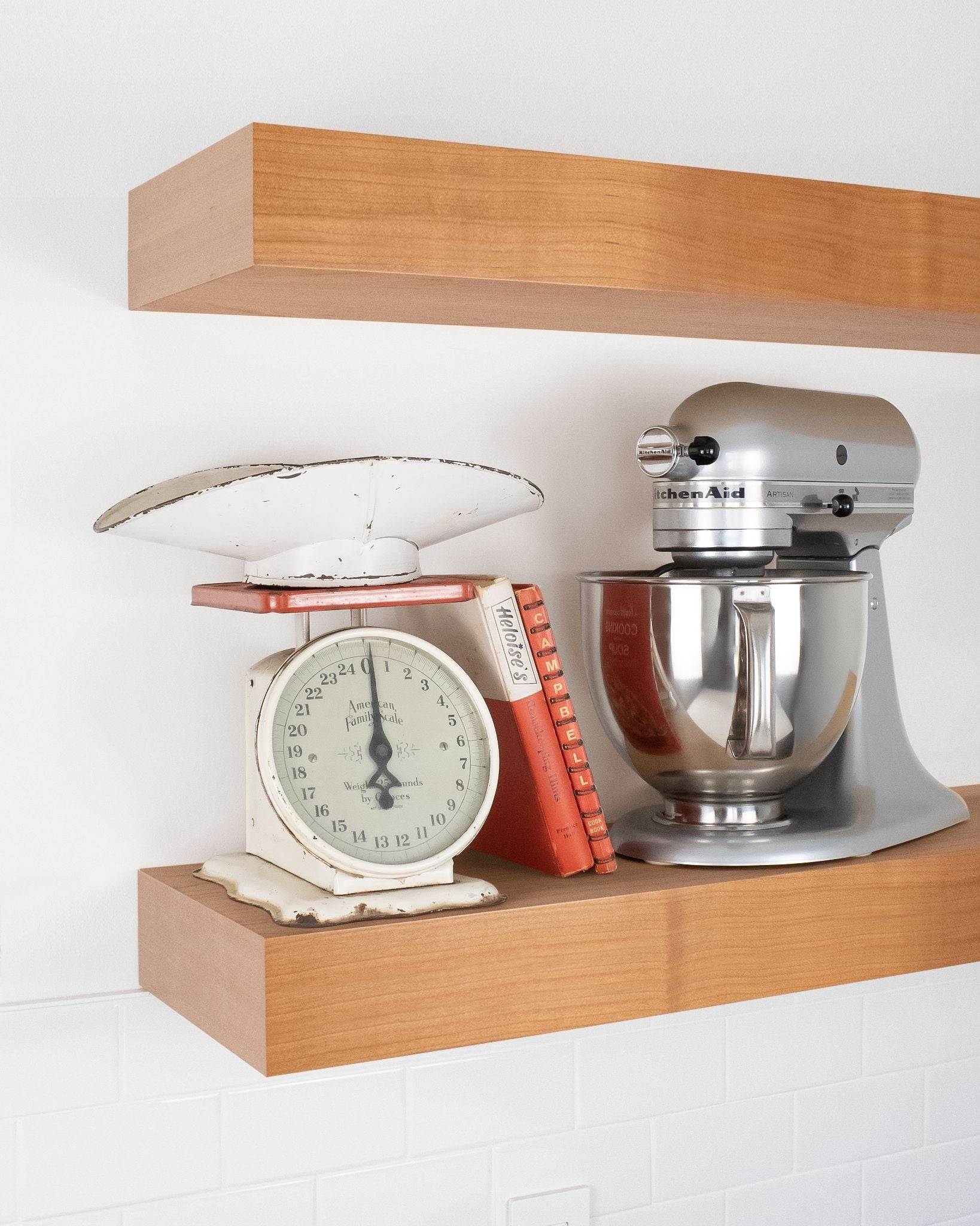 Cherry Wood kitchen Floating Shelf 4 inch thick with Mixer and scale angle view
