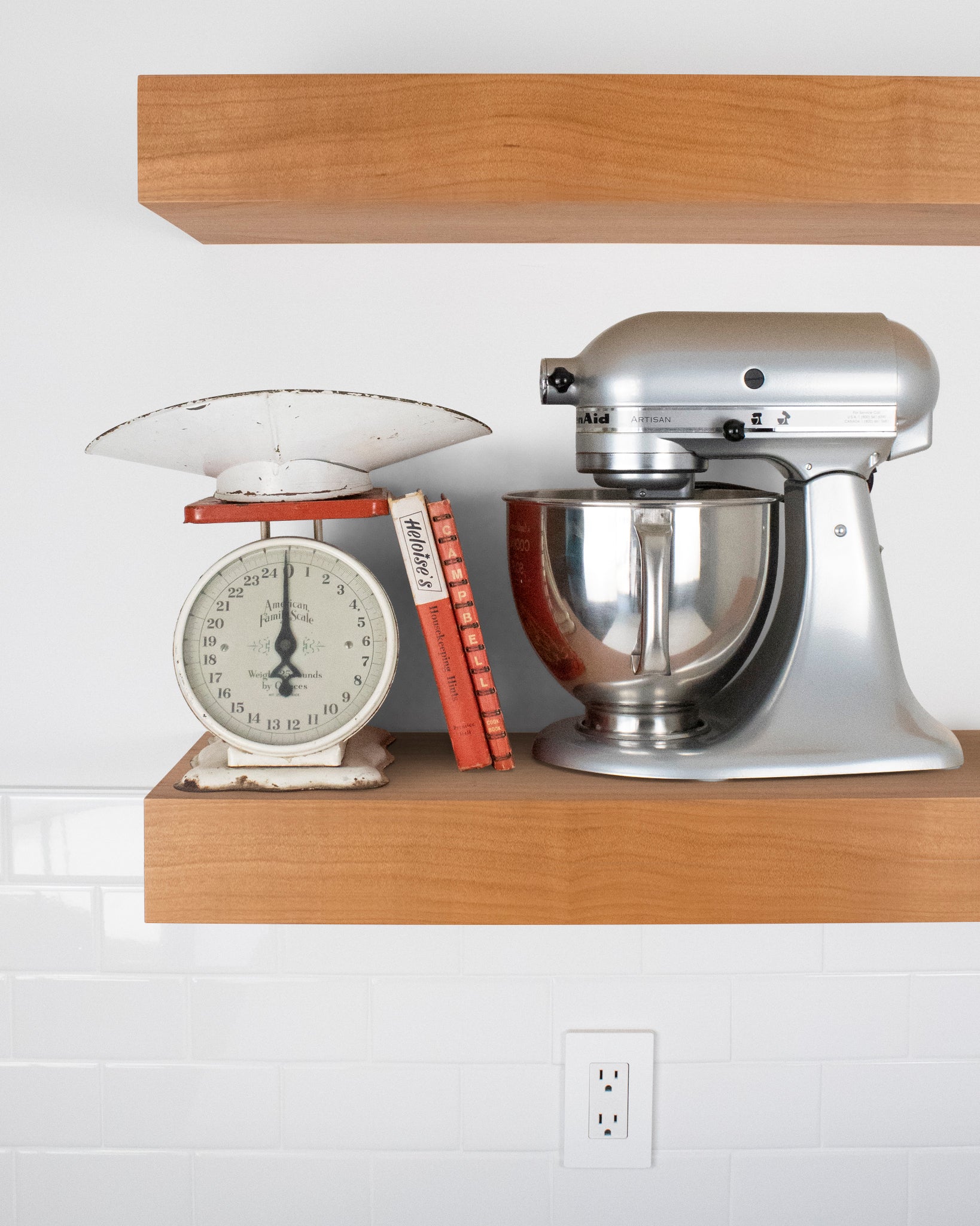 Cherry Wood kitchen Floating Shelf 4 inch thick with Mixer and scale front view