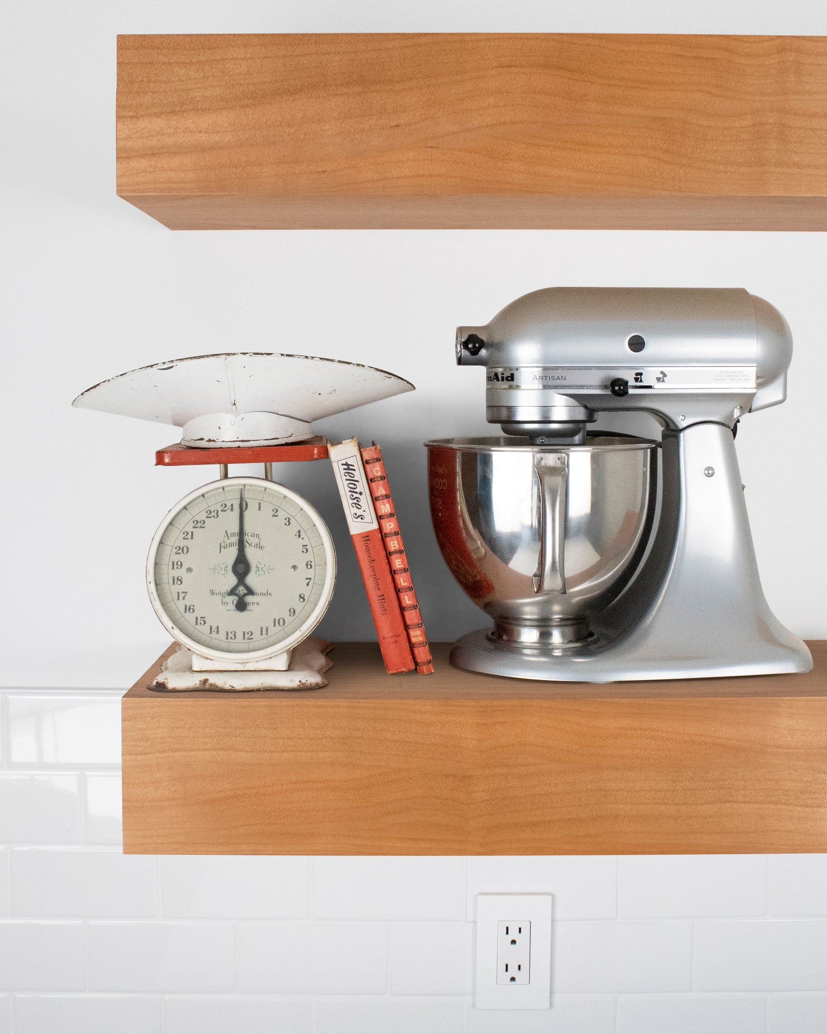 Cherry Wood kitchen Floating Shelf 6 inch thick with Mixer and scale front view