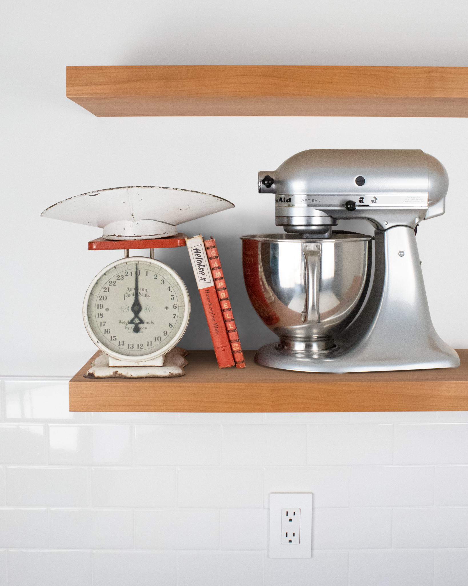 Cherry Wood kitchen Floating Shelf 1.75 inch thick with Mixer and scale front view