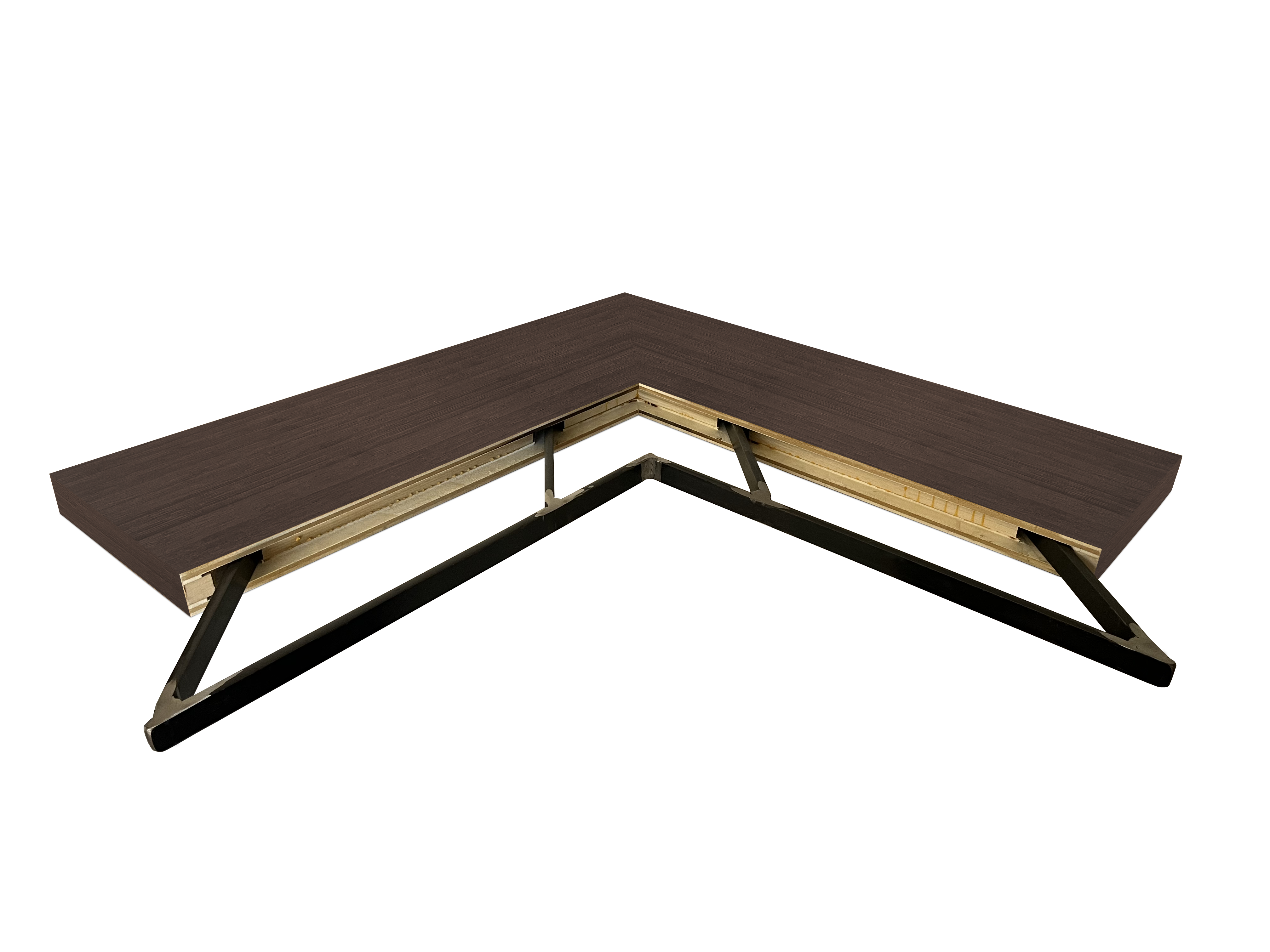 Chocolate Bamboo outside corner mitered floating shelf view of back edge steel floating shelf bracket pockets