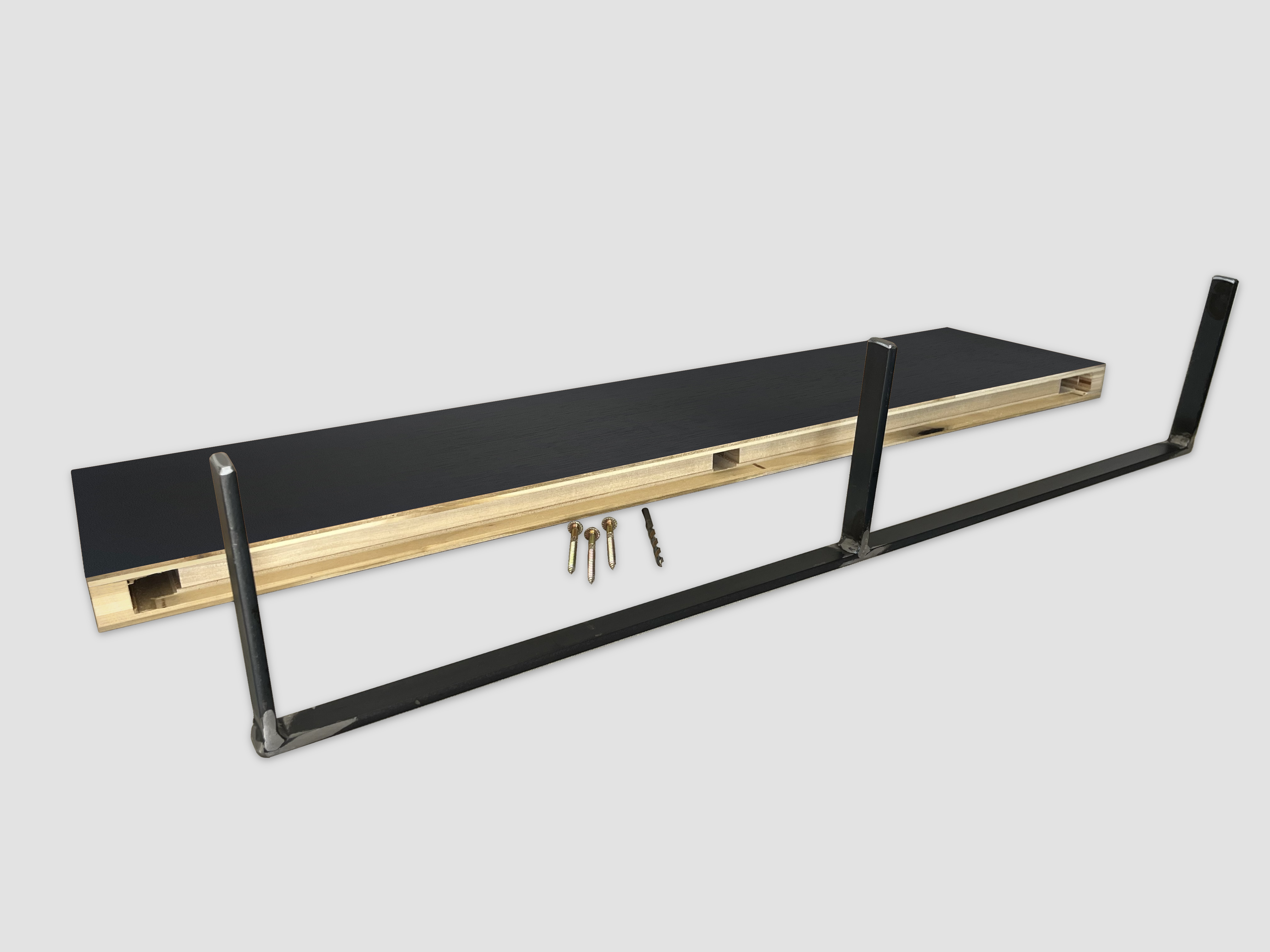 Rear view of floating shelf in chocolate espresso oak showing mounting hardware