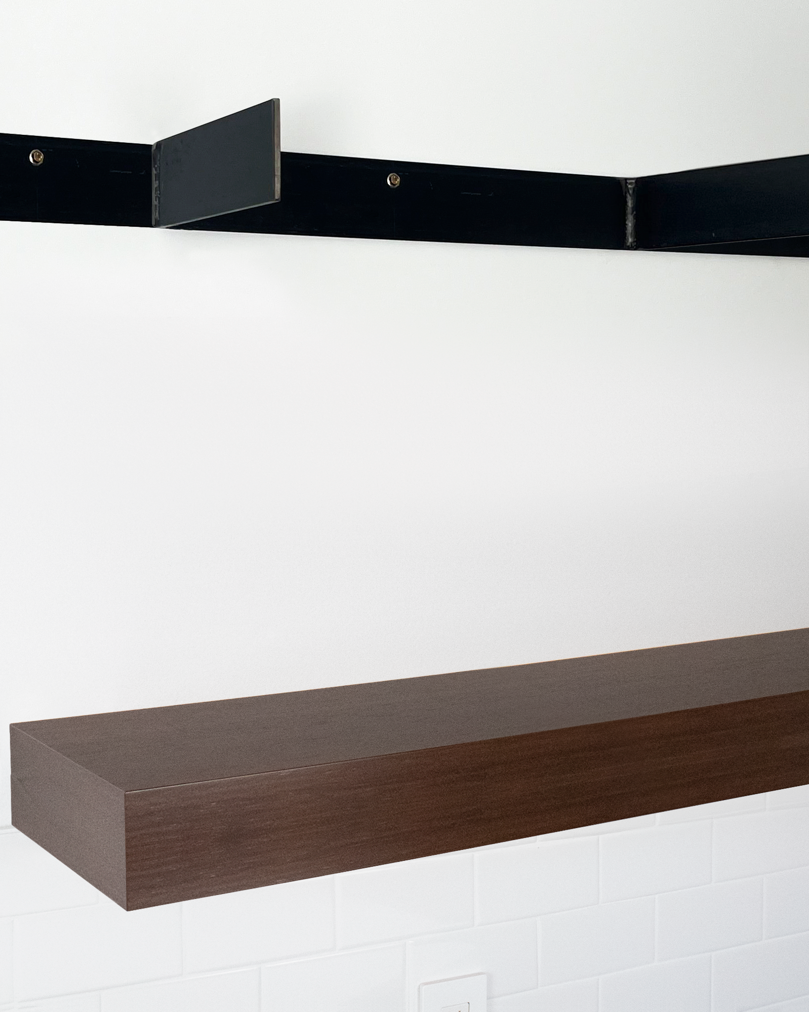 Chocolate bamboo floating shelf 4 inch thick angle view installed steel HW top