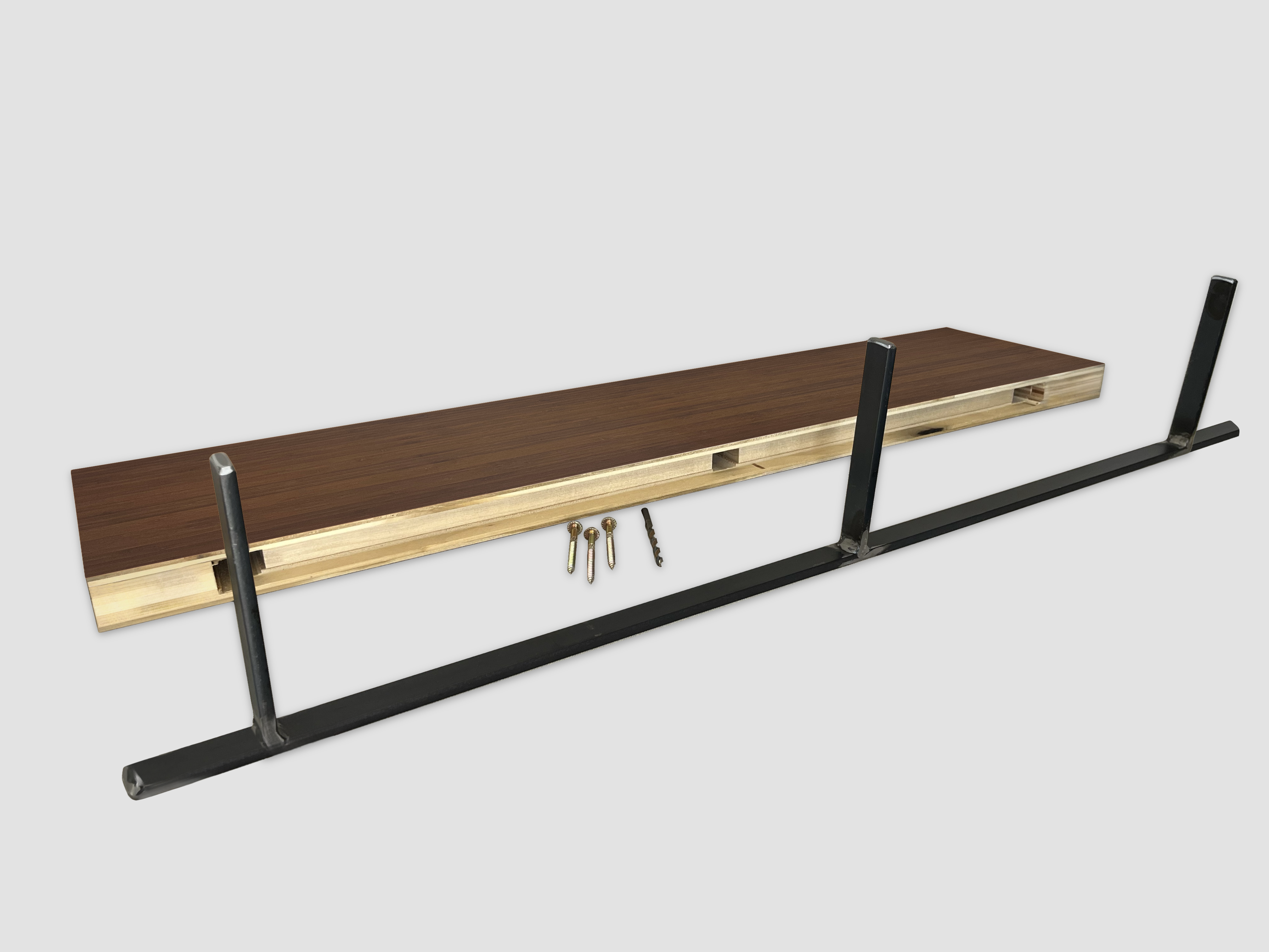 Chocolate bamboo floating shelf back edge with metal bracket on a white background