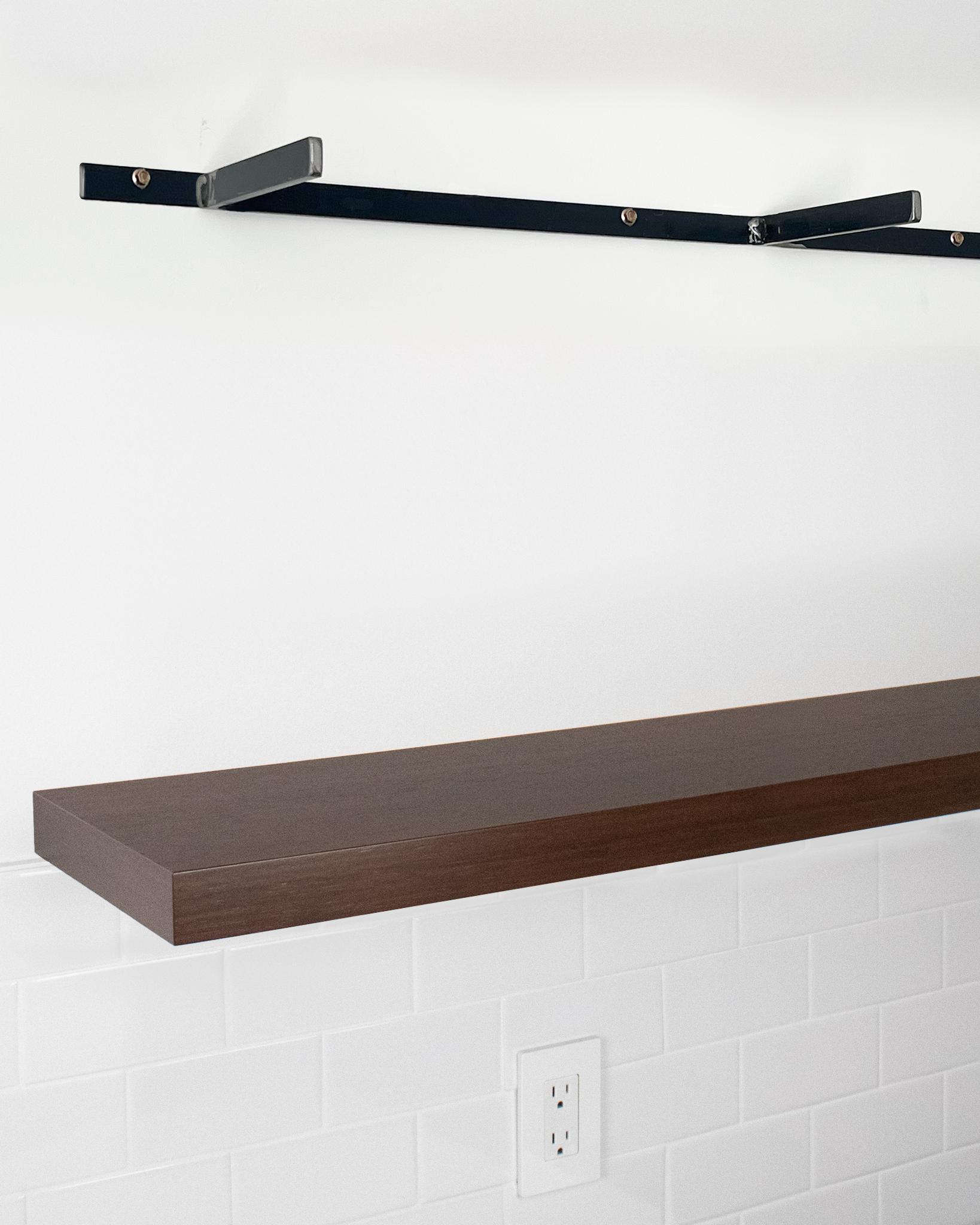 Chocolate bamboo floating shelf 1.75 inch thick angle view installed steel HW top