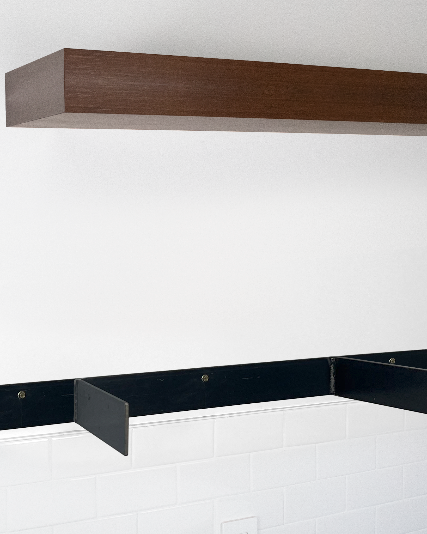 Chocolate bamboo floating shelf 4 inch thick angle view installed steel HW