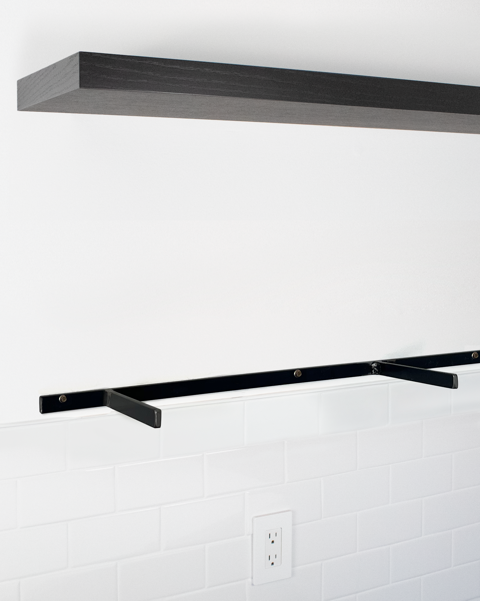 Chocolate espresso oak floating shelf 1.75 inch thick angle view installed steel HW