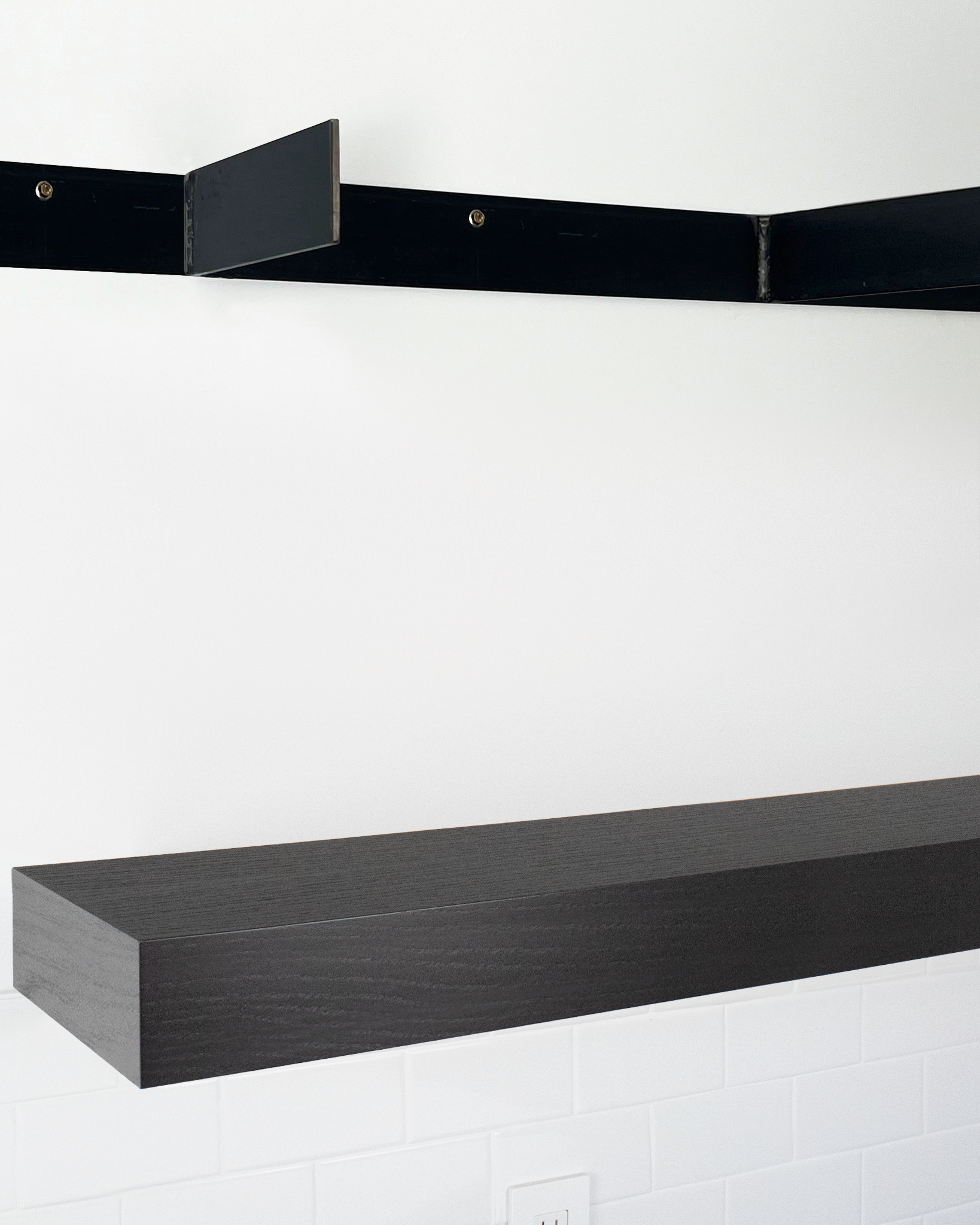 Chocolate espresso oak floating shelf 4 inch thick angle view installed steel HW top