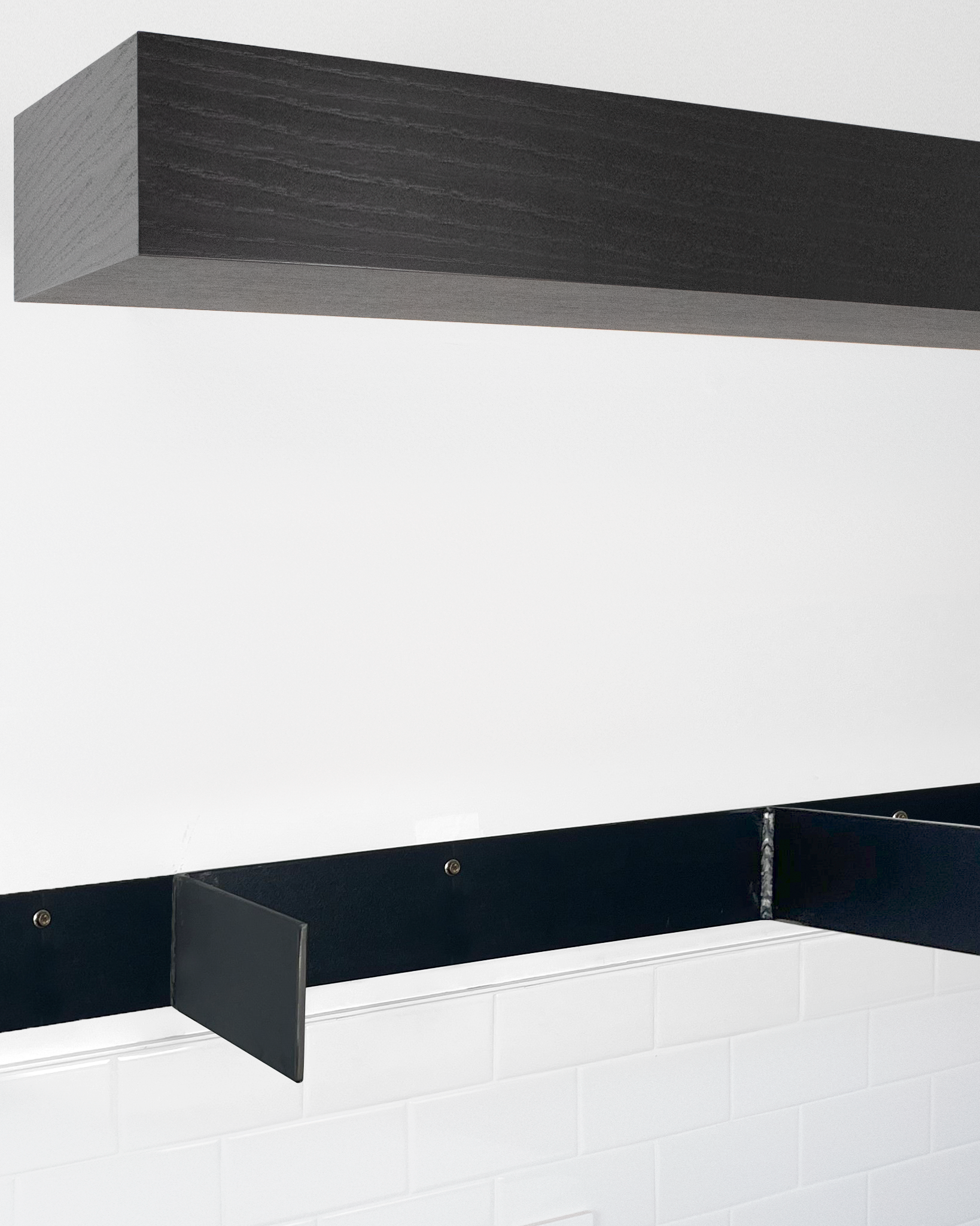 Chocolate espresso oak floating shelf 6 inch thick angle view installed steel HW