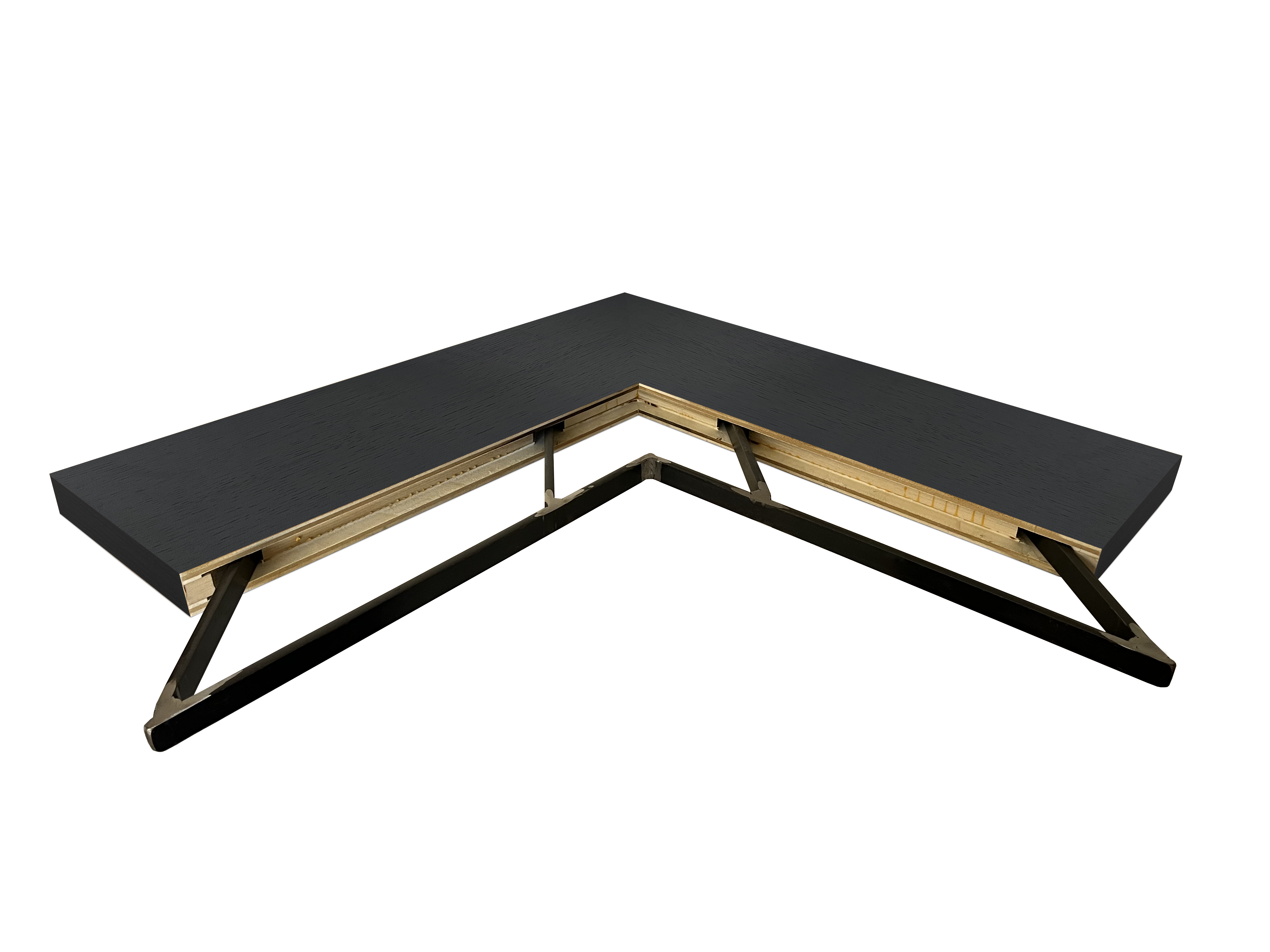 Chocolate espresso oak outside corner mitered floating shelf view of back edge steel floating shelf bracket pockets