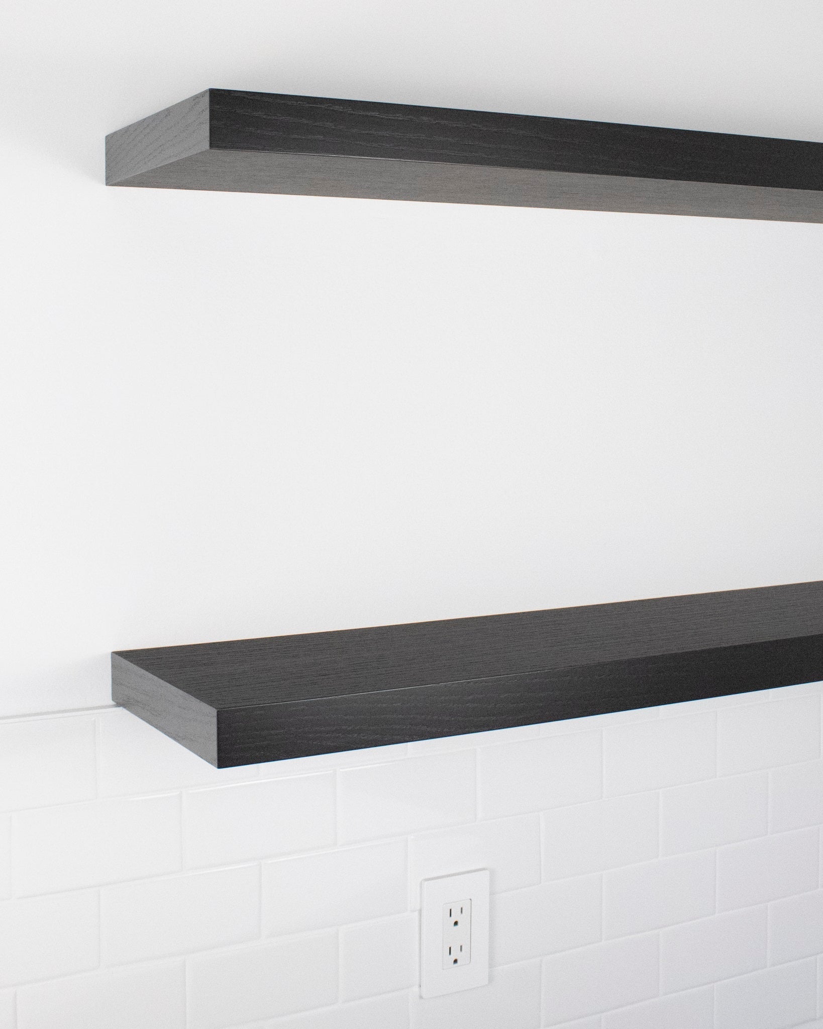 Front side angle of floating shelves in chocolate espresso oak wood