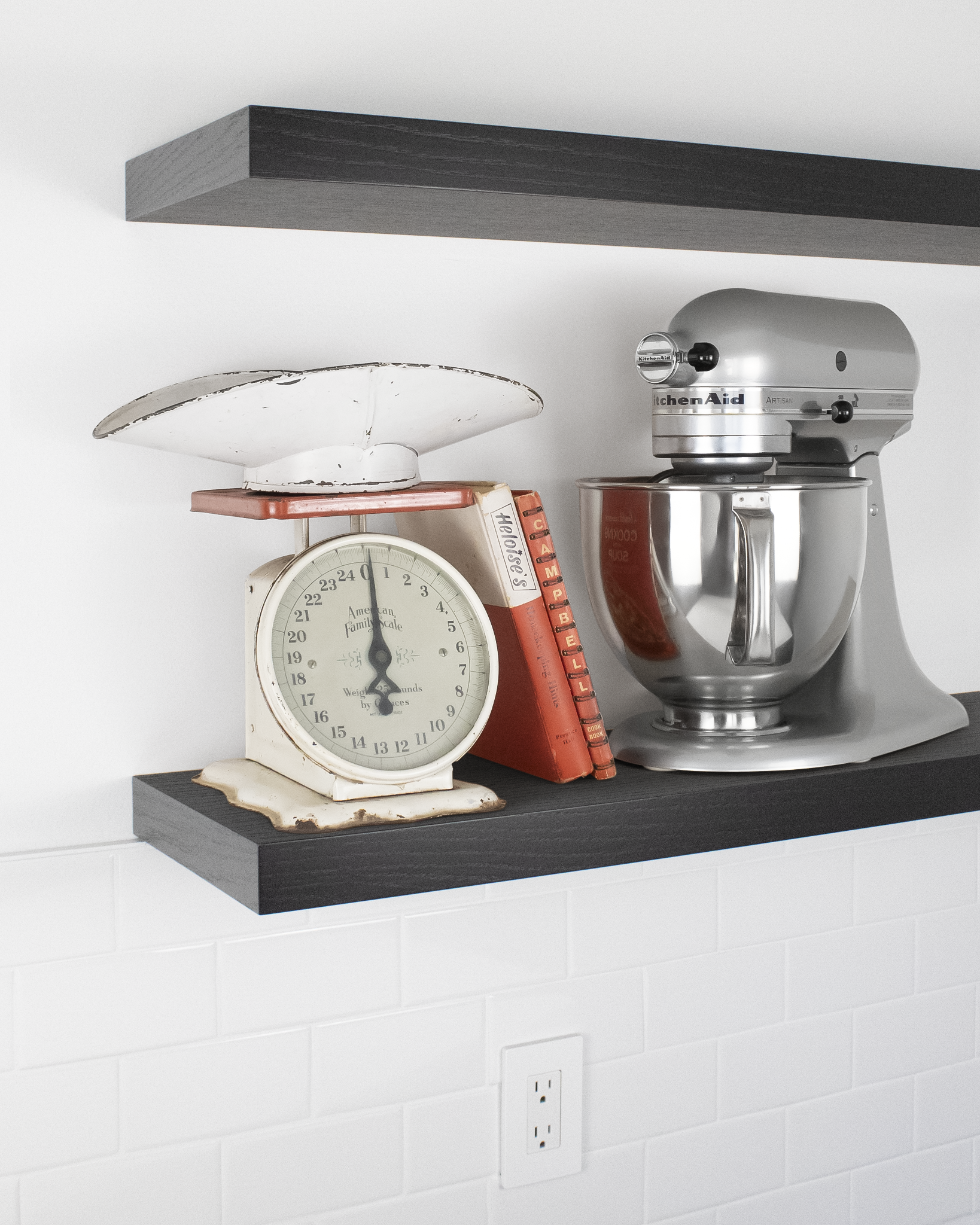 Front angle view of floating shelves in Chocolate espresso oak wood with mixer and scale