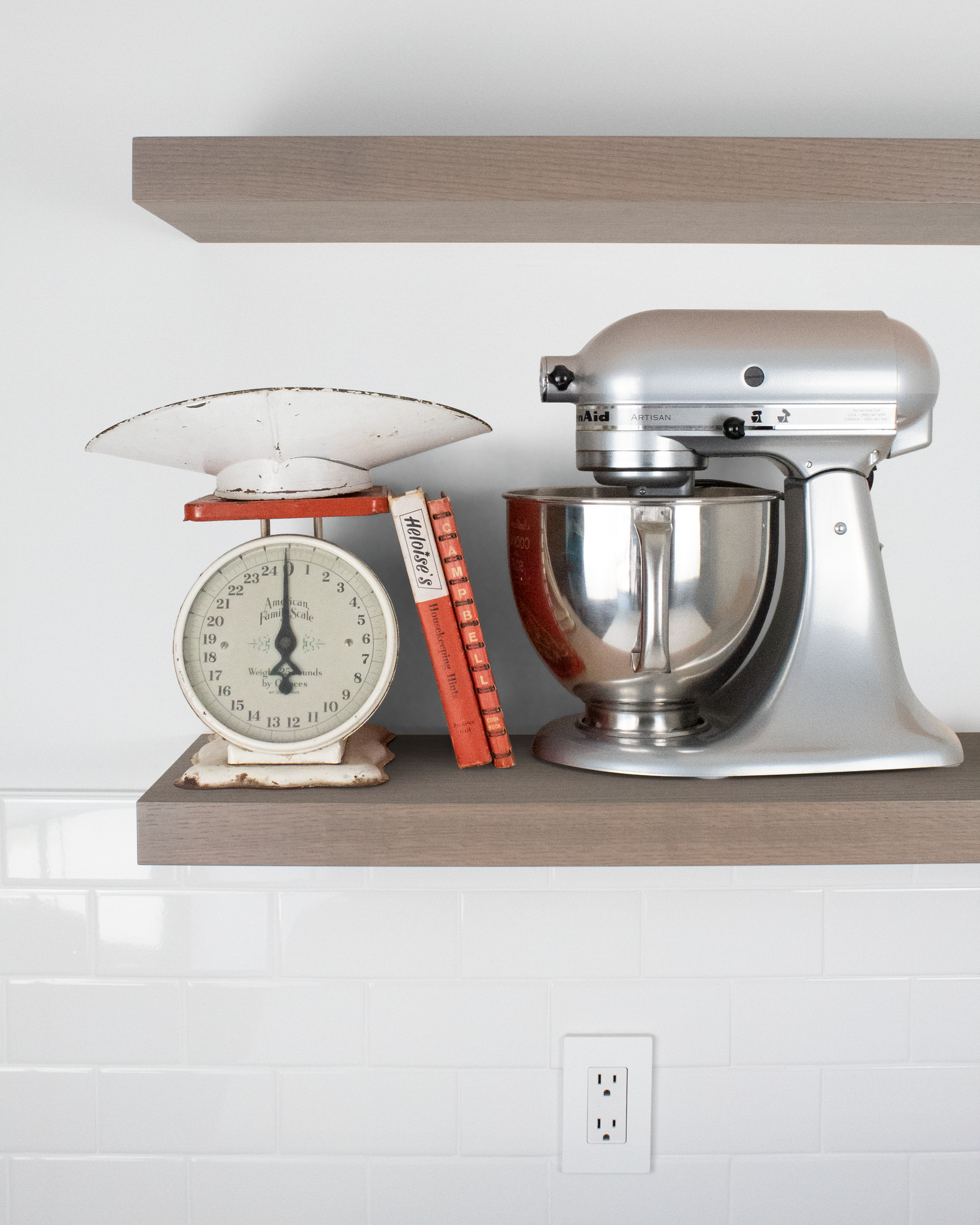 Driftwood Grey Oak kitchen Floating Shelf 1.75 inch thick with Mixer and scale front view