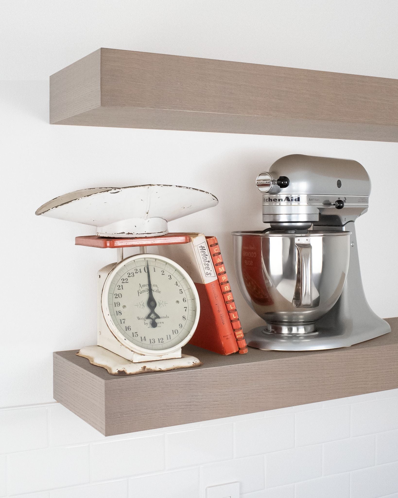 Driftwood Grey Oak kitchen Floating Shelf 4 inch thick with Mixer and scale angle view