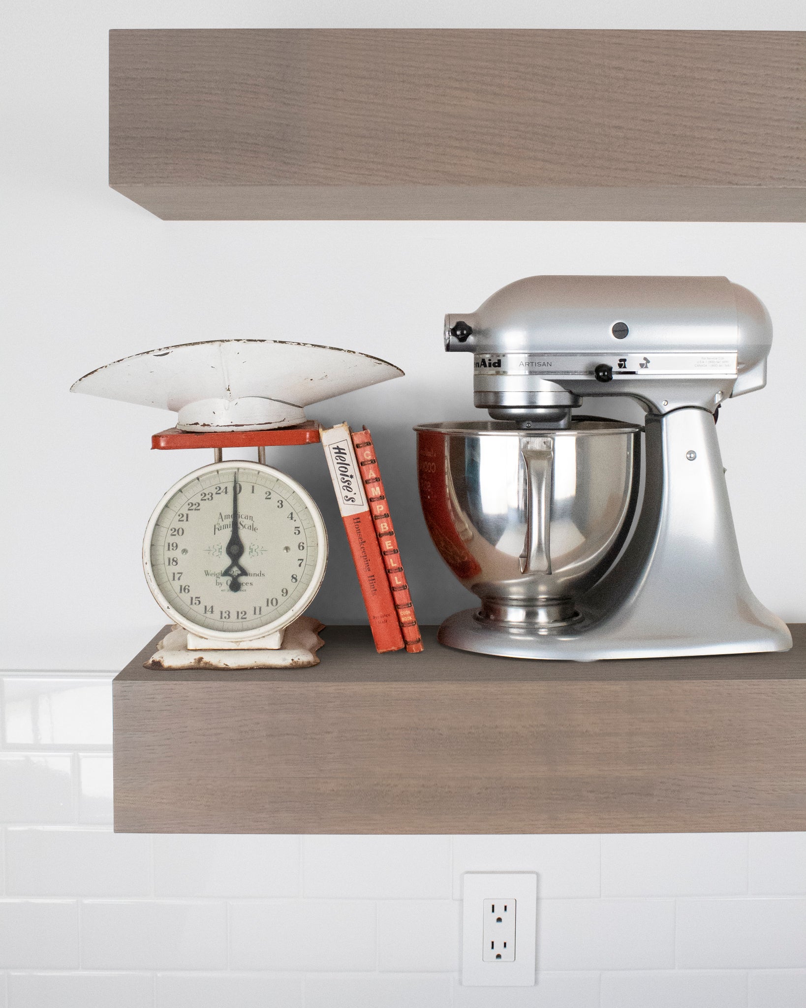Driftwood Grey Oak kitchen Floating Shelf 6 inch thick with Mixer and scale front view