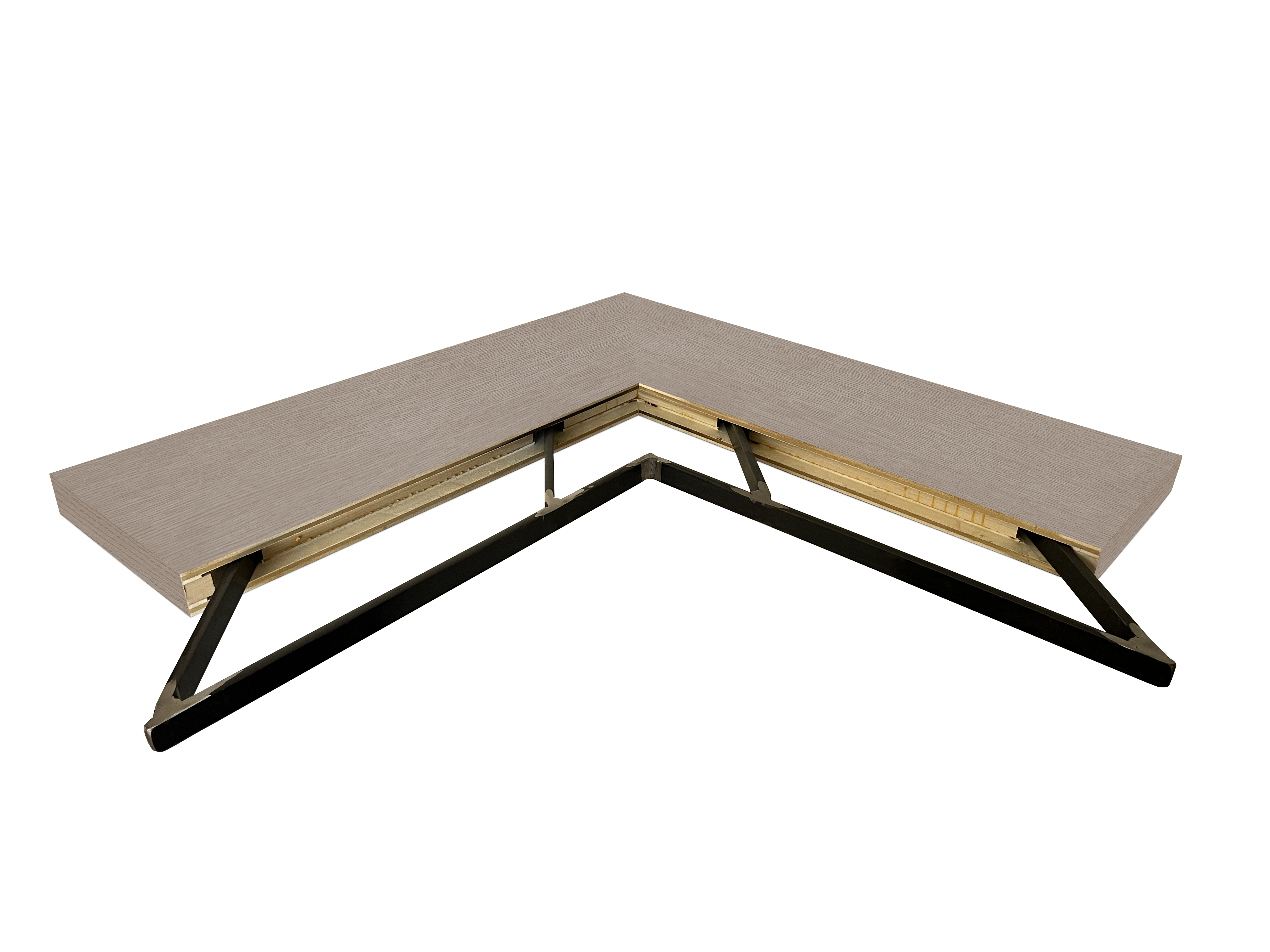 Driftwood Grey Oak outside corner mitered floating shelf view of back edge steel floating shelf bracket pockets