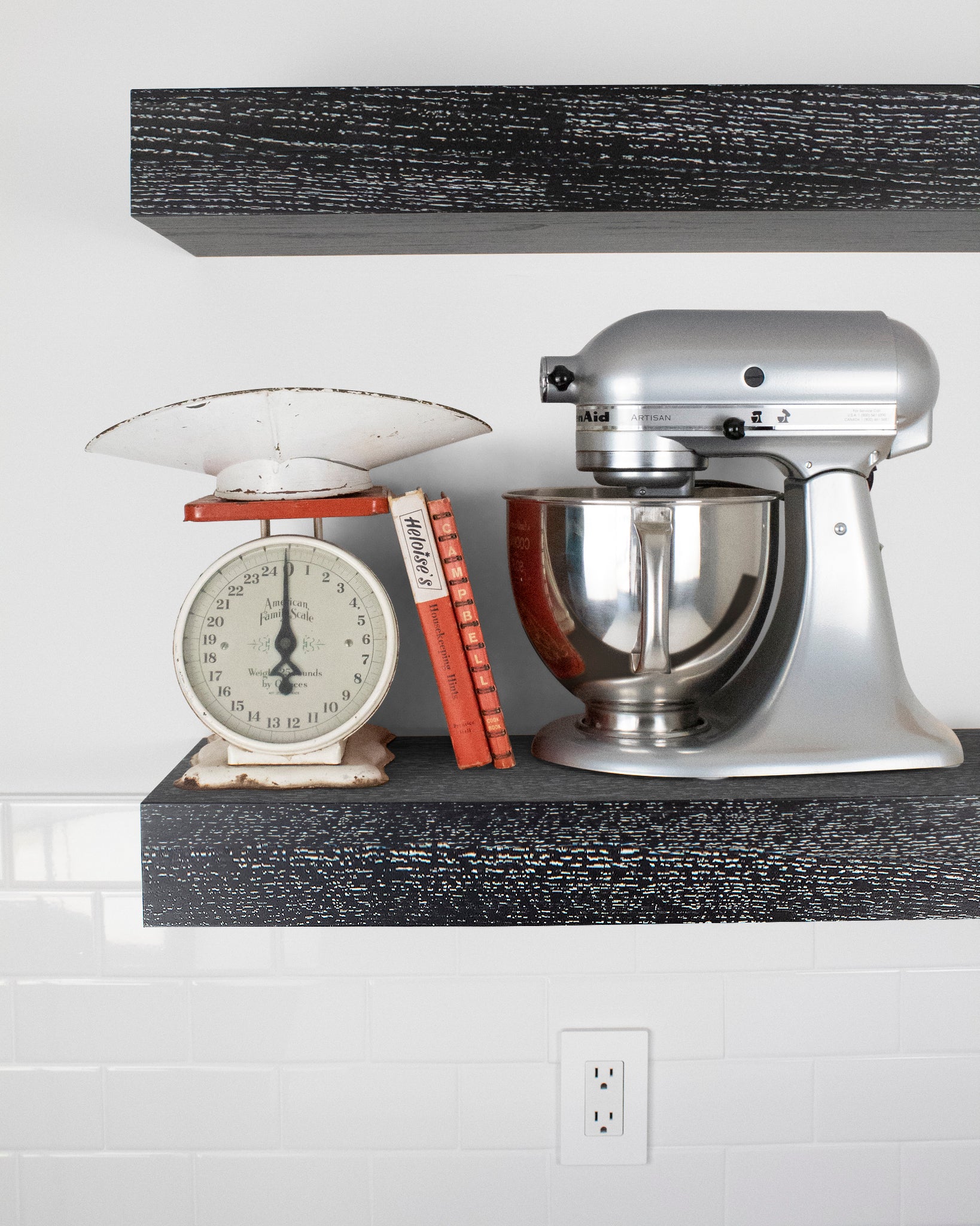 Ebonized cerused oak kitchen Floating Shelf 4 inch thick with Mixer and scale front view