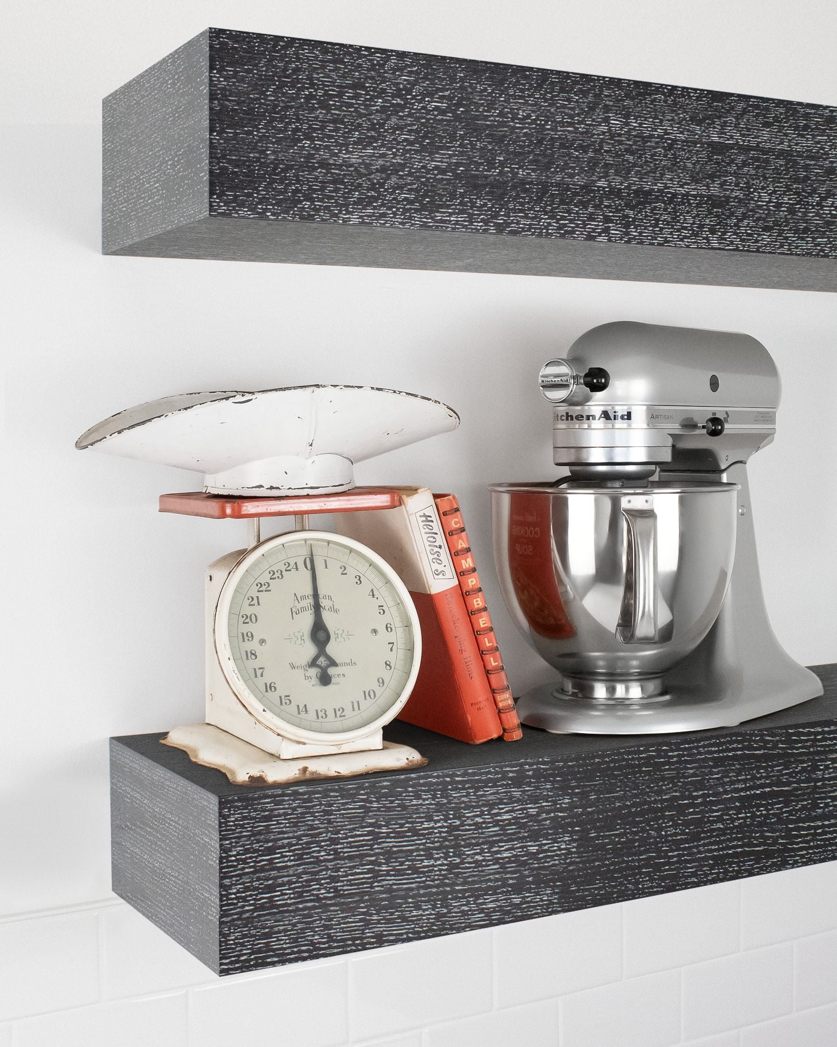 Ebonized cerused oak kitchen Floating Shelf 6 inch thick with Mixer and scale angle view