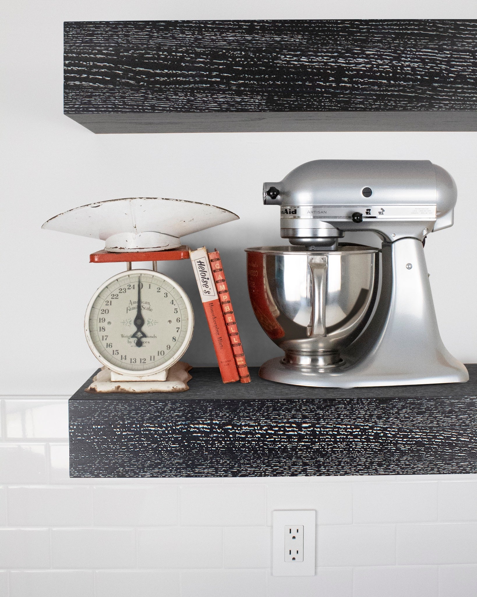 Ebonized cerused oak kitchen Floating Shelf 6 inch thick with Mixer and scale front view