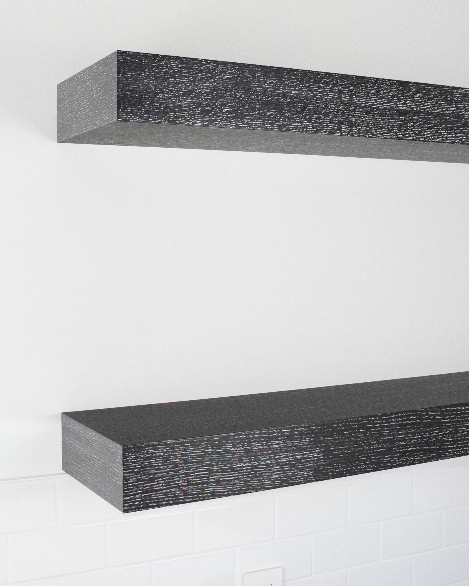 Ebonized cerused oak kitchen Floating Shelves 4 inch thick angle view