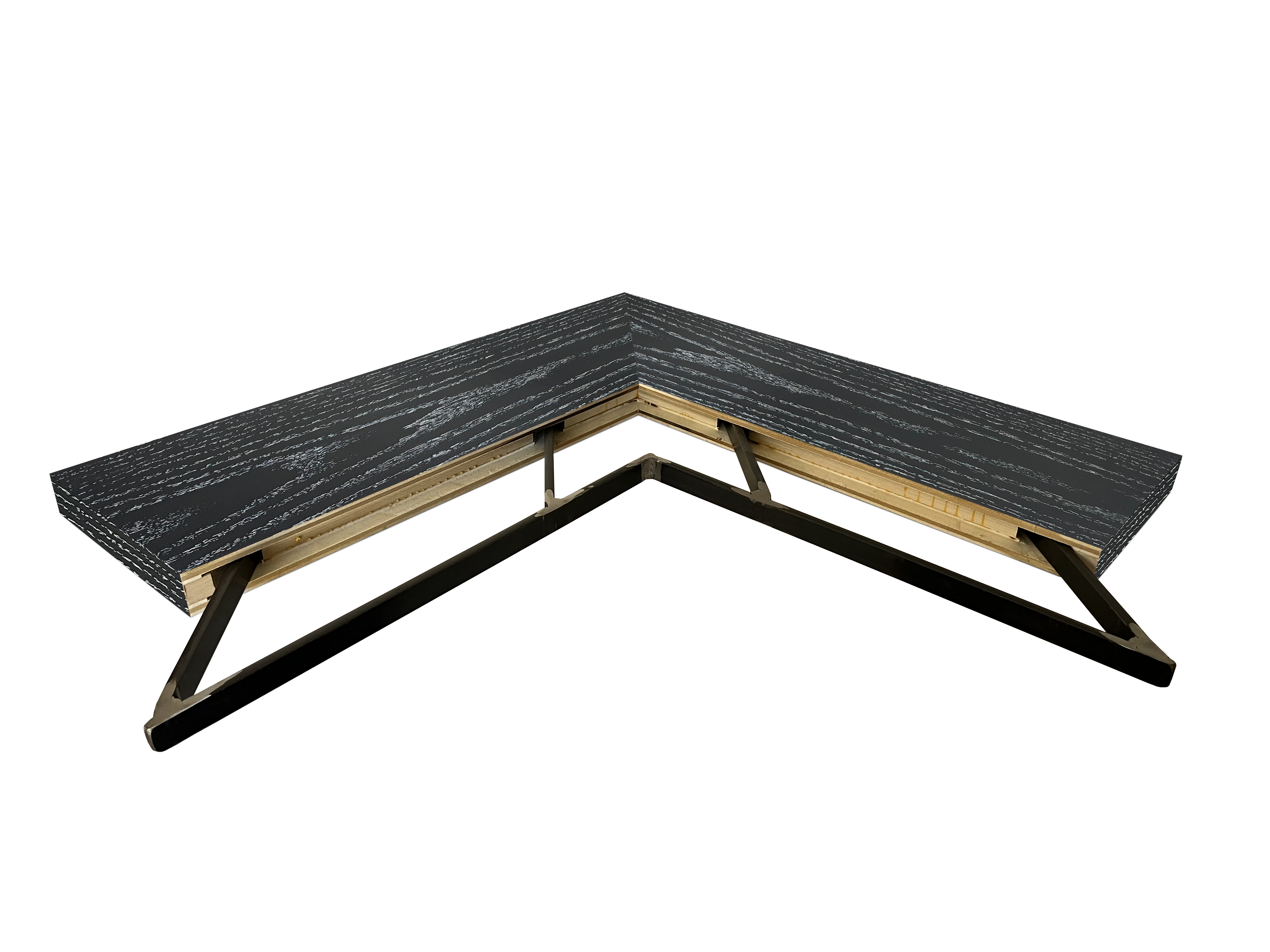 Ebonized cerused oak outside corner mitered floating shelf view of back edge steel floating shelf bracket pockets