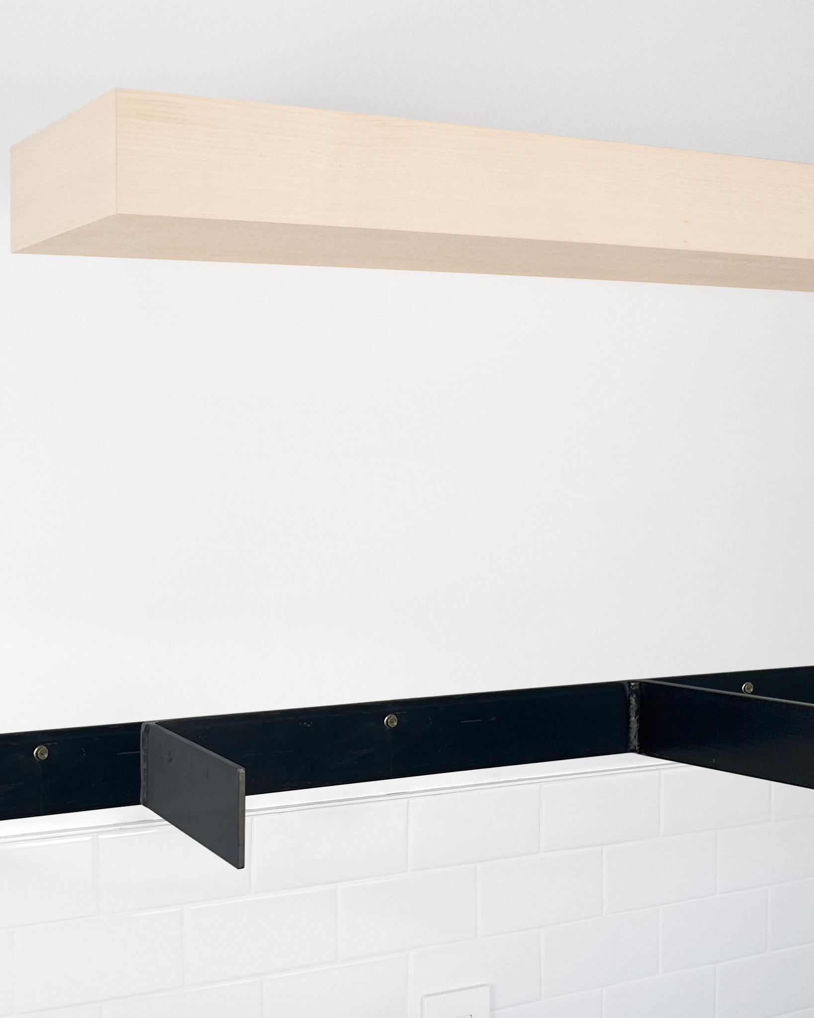 MDF floating shelf 4 inch thick angle view installed steel HW